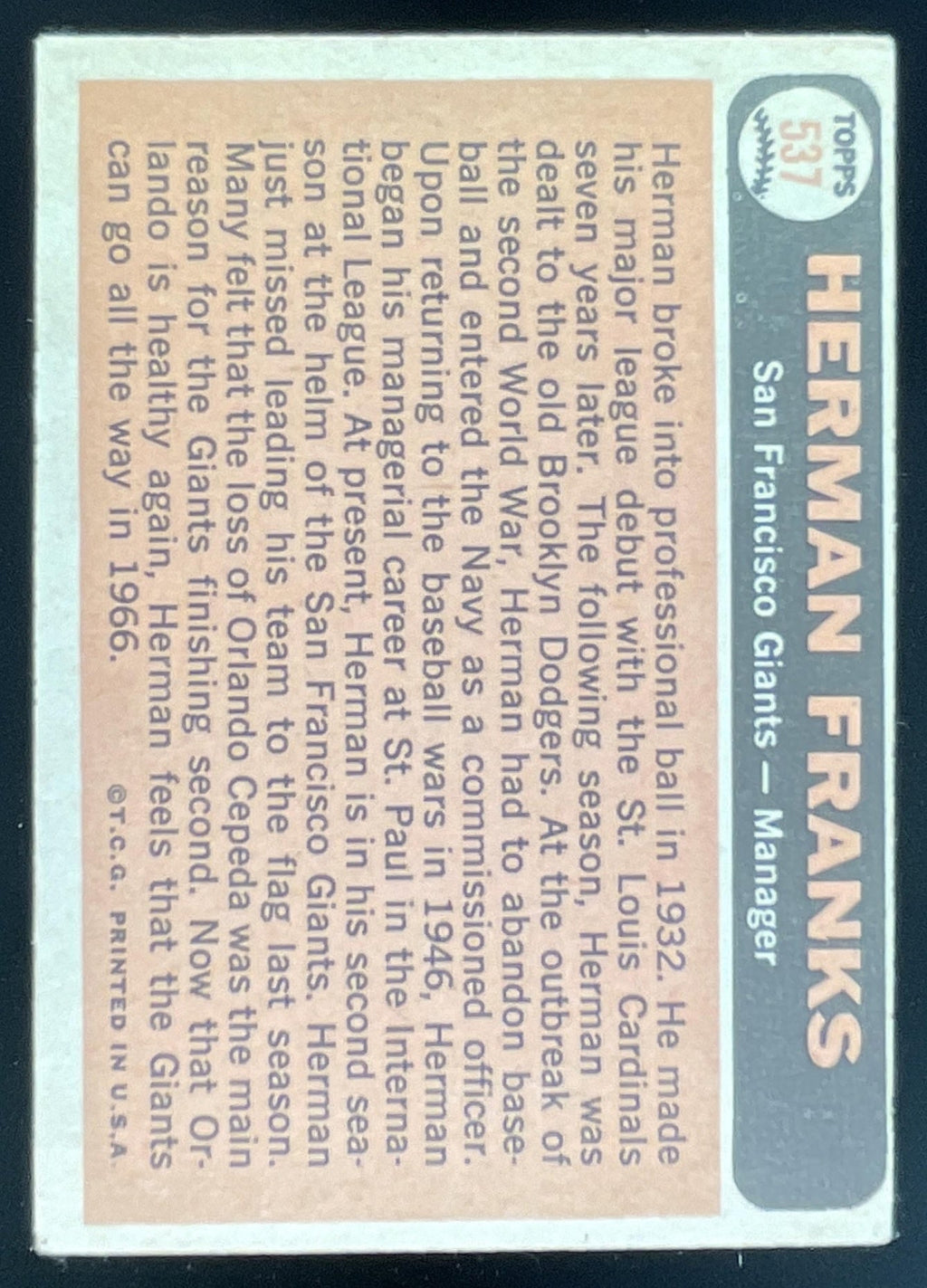 1966 Topps #537 Herman Franks product image 2, provided for visual reference and product detail review