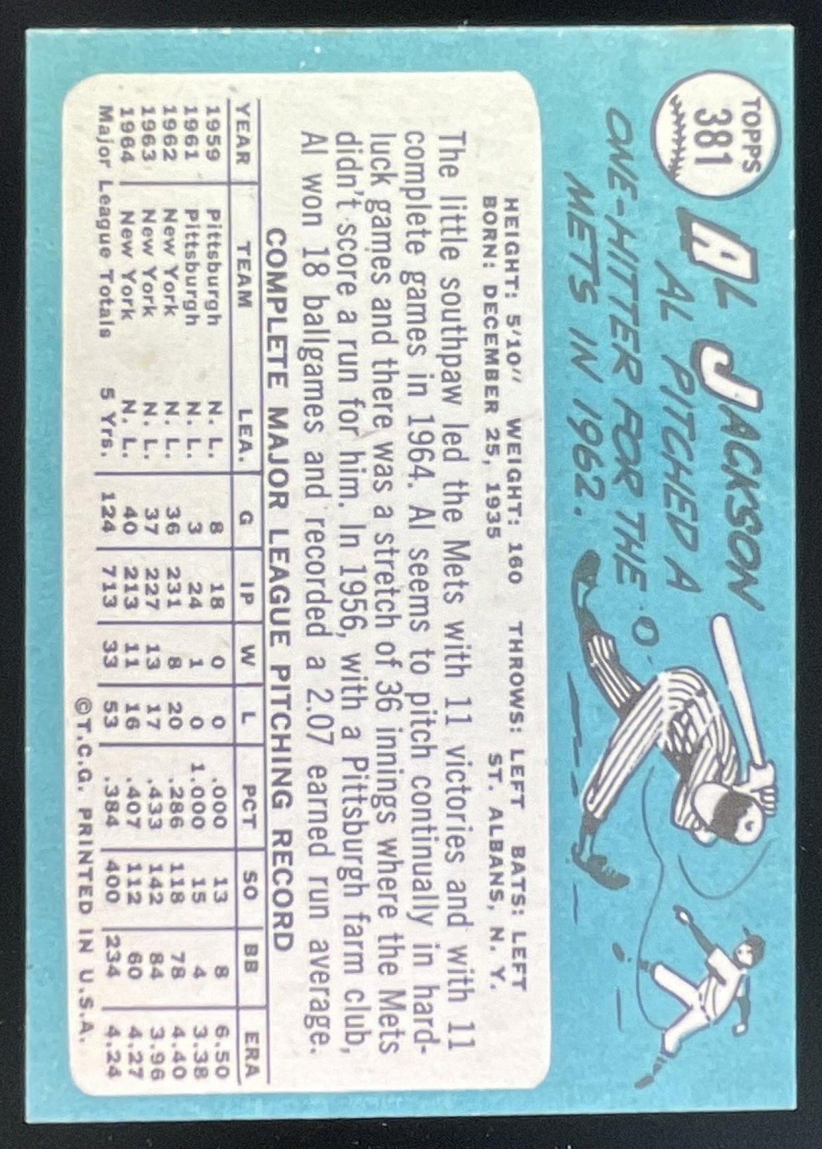 1965 Topps #381 Al Jackson product image 2, provided for visual reference and product detail review
