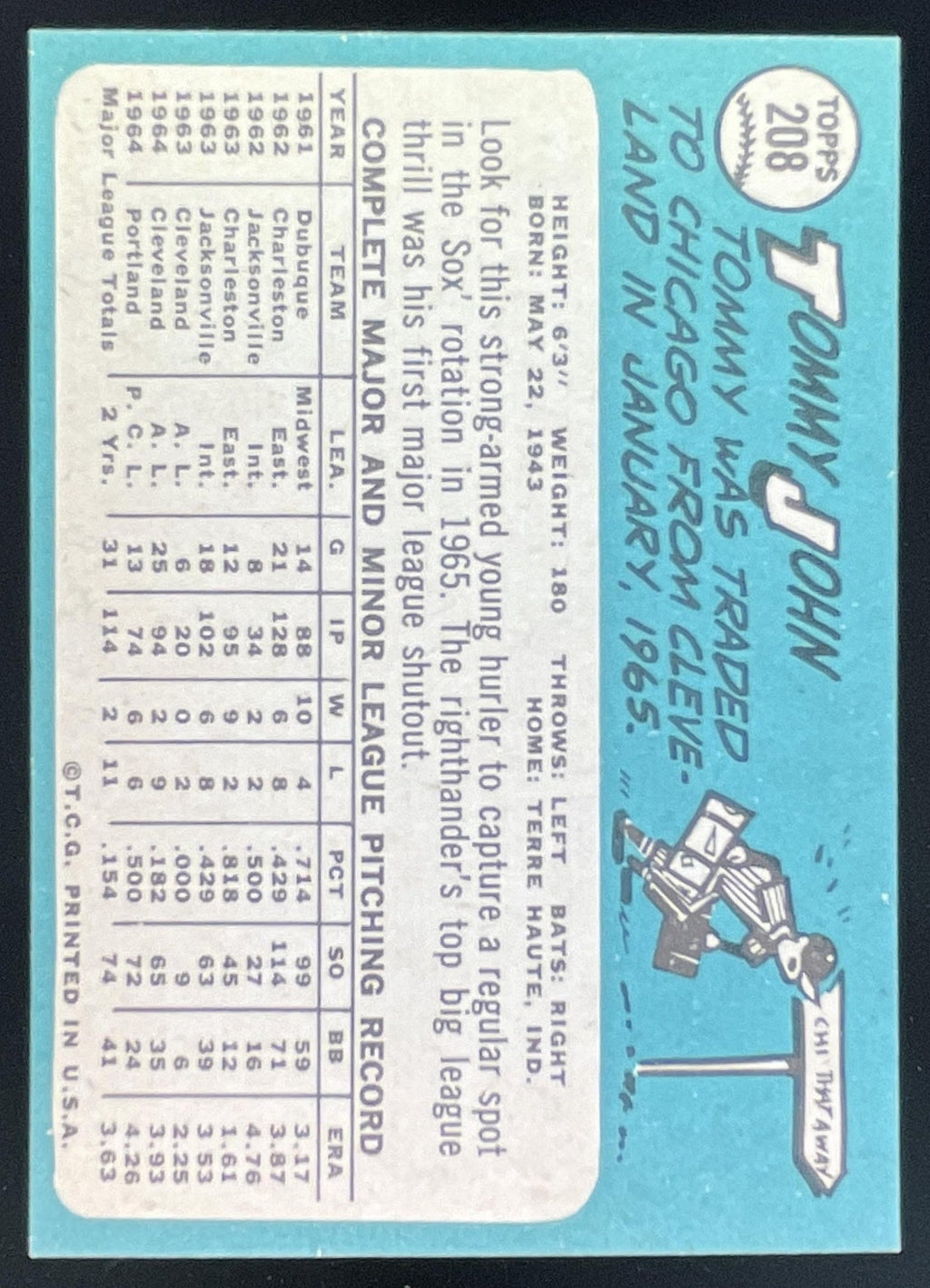 1965 Topps #208 Tommy John product image 2, provided for visual reference and product detail review