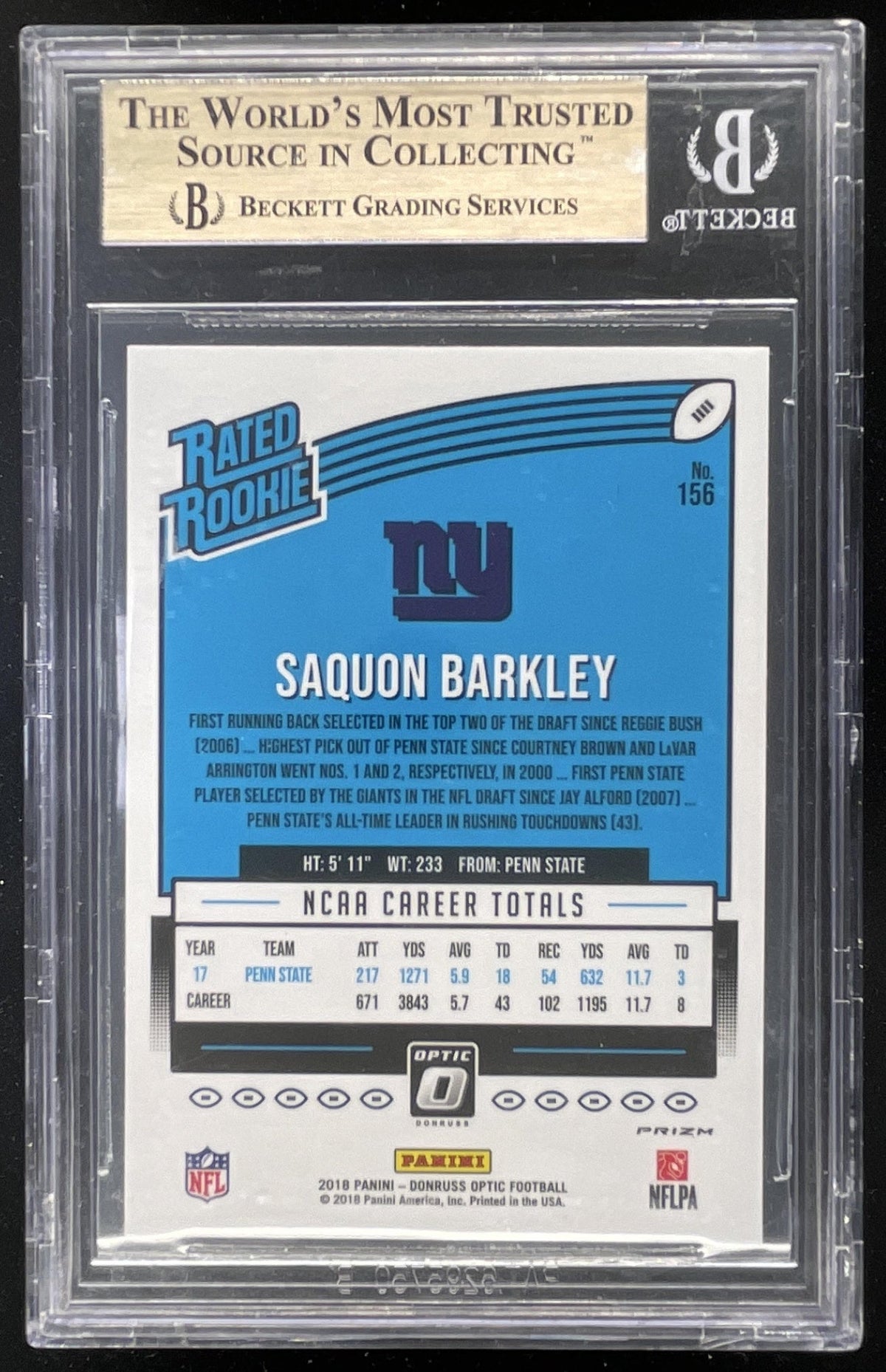 2018 Panini Donruss Optic Holo Prizm #156 Saquon Barkley RC BGS 9.5 product image 2, provided for visual reference and