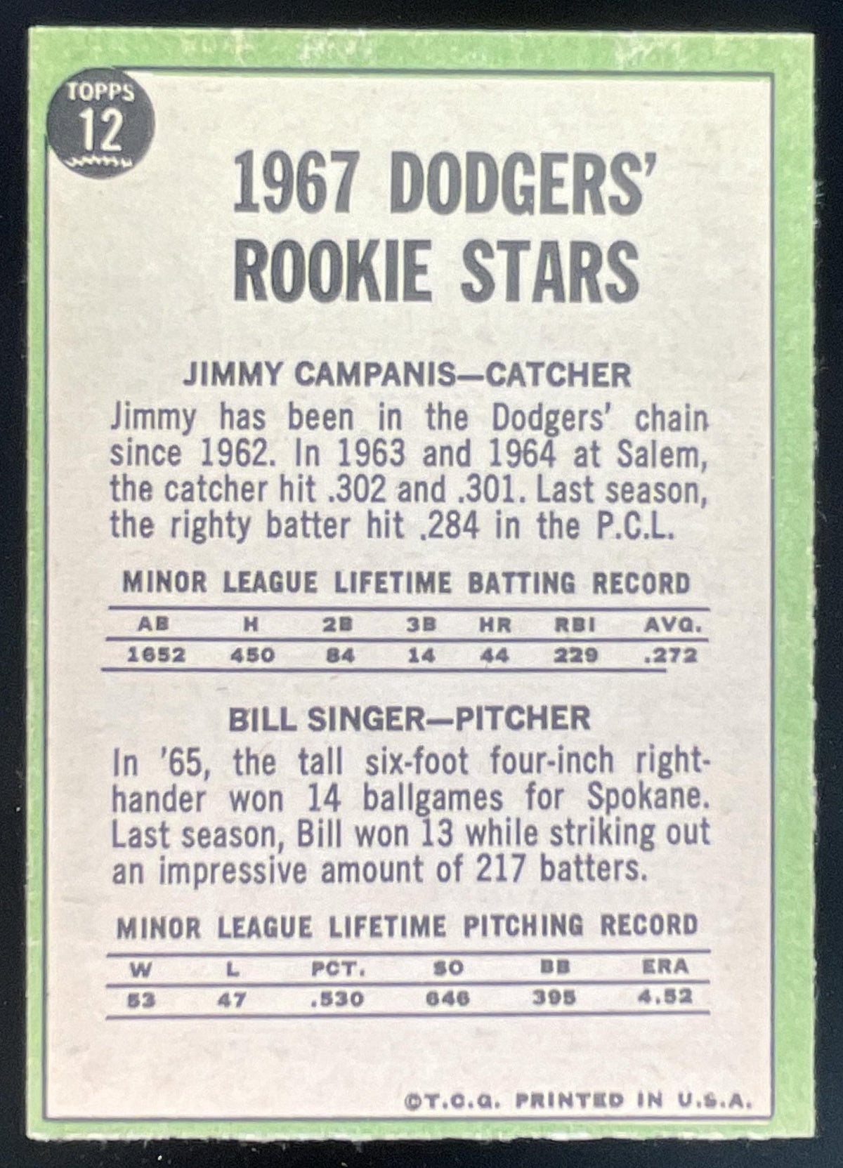 1967 Topps #12 Dodgers 1967 Rookie Stars Jimmy Campanis Bill Singer RS, RC product image 2, provided for visual reference
