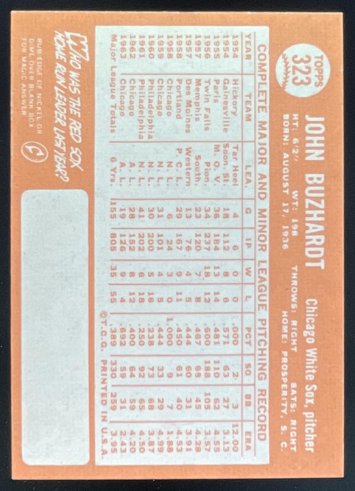 1964 Topps #323 John Buzhardt product image 2, provided for visual reference and product detail review