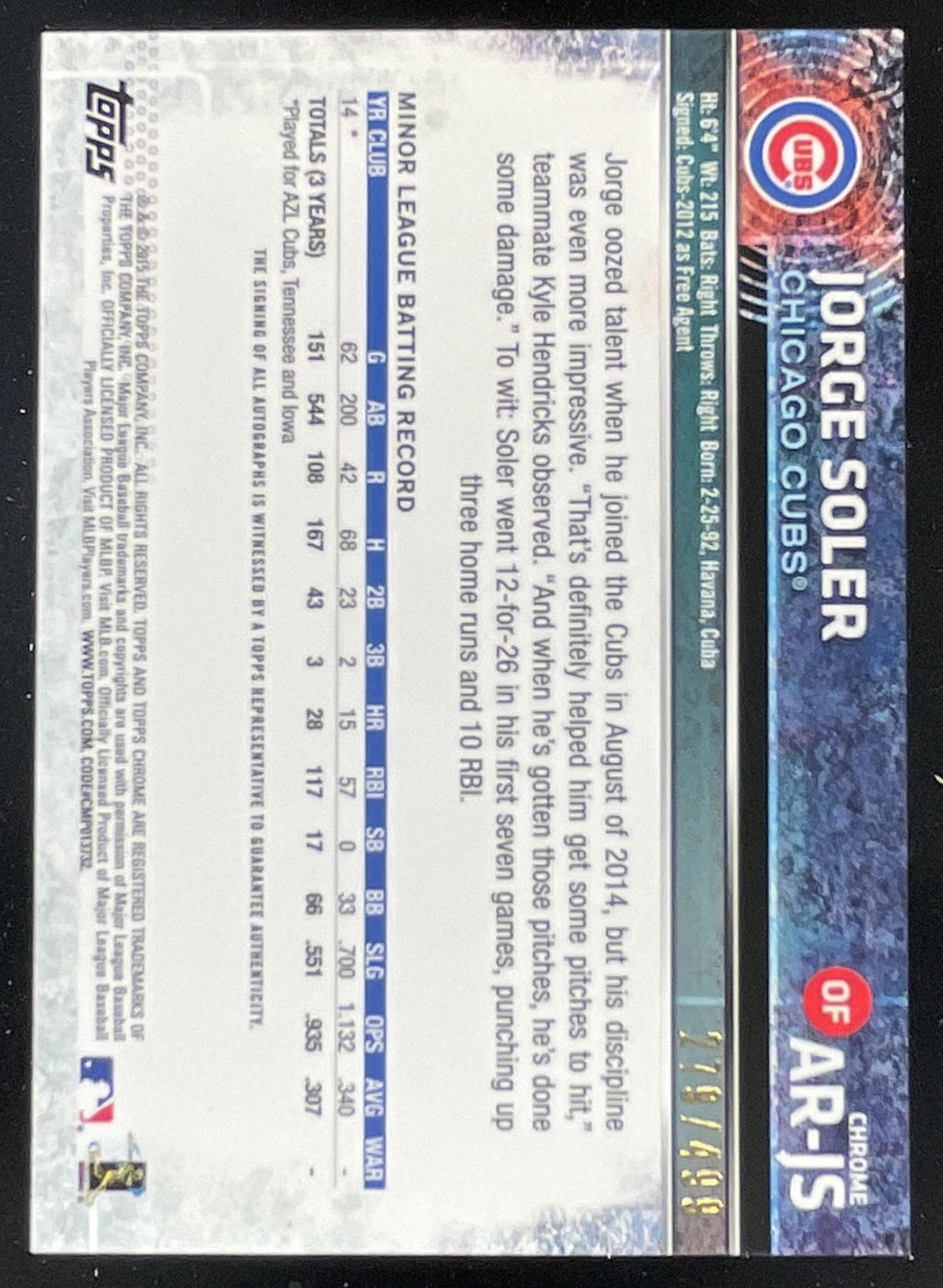 2015 Topps Chrome Autographed Rookies Refractor #AR-JS Jorge Soler RC Auto /499 product image 2, provided for visual