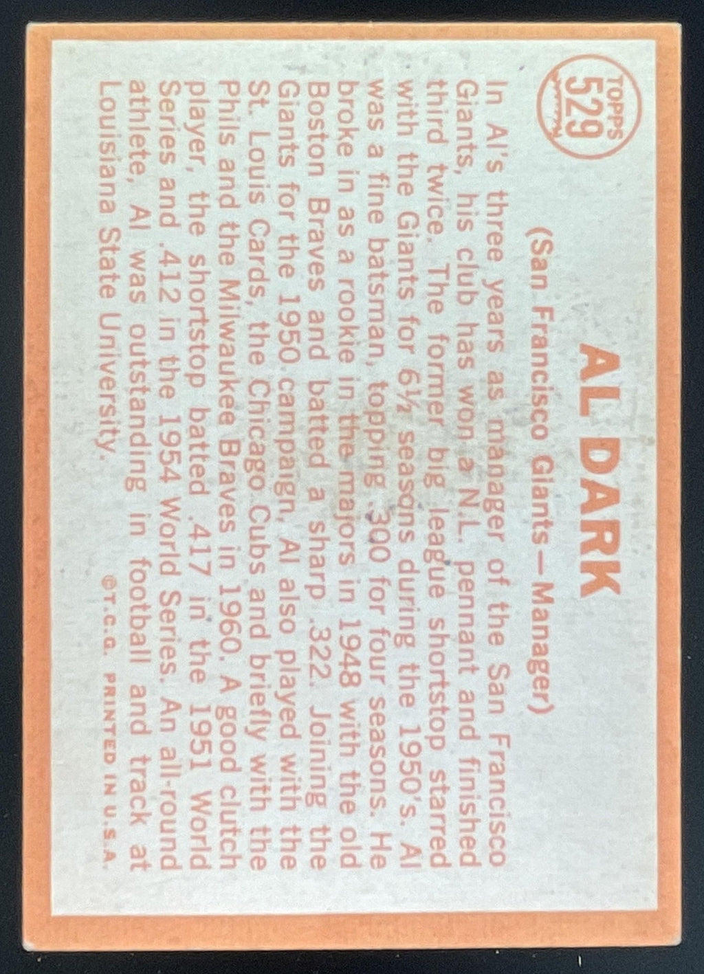 1964 Topps #529 Al Dark product image 2, provided for visual reference and product detail review