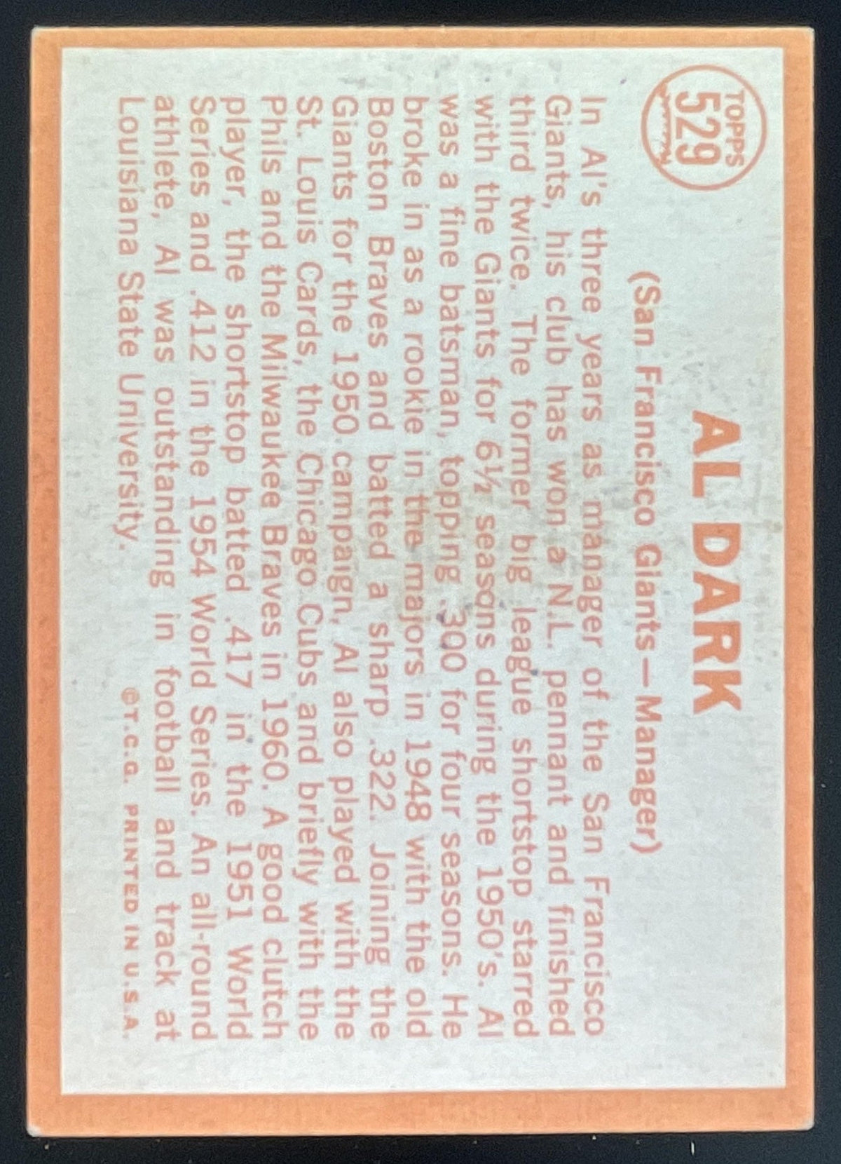 1964 Topps #529 Al Dark product image 2, provided for visual reference and product detail review