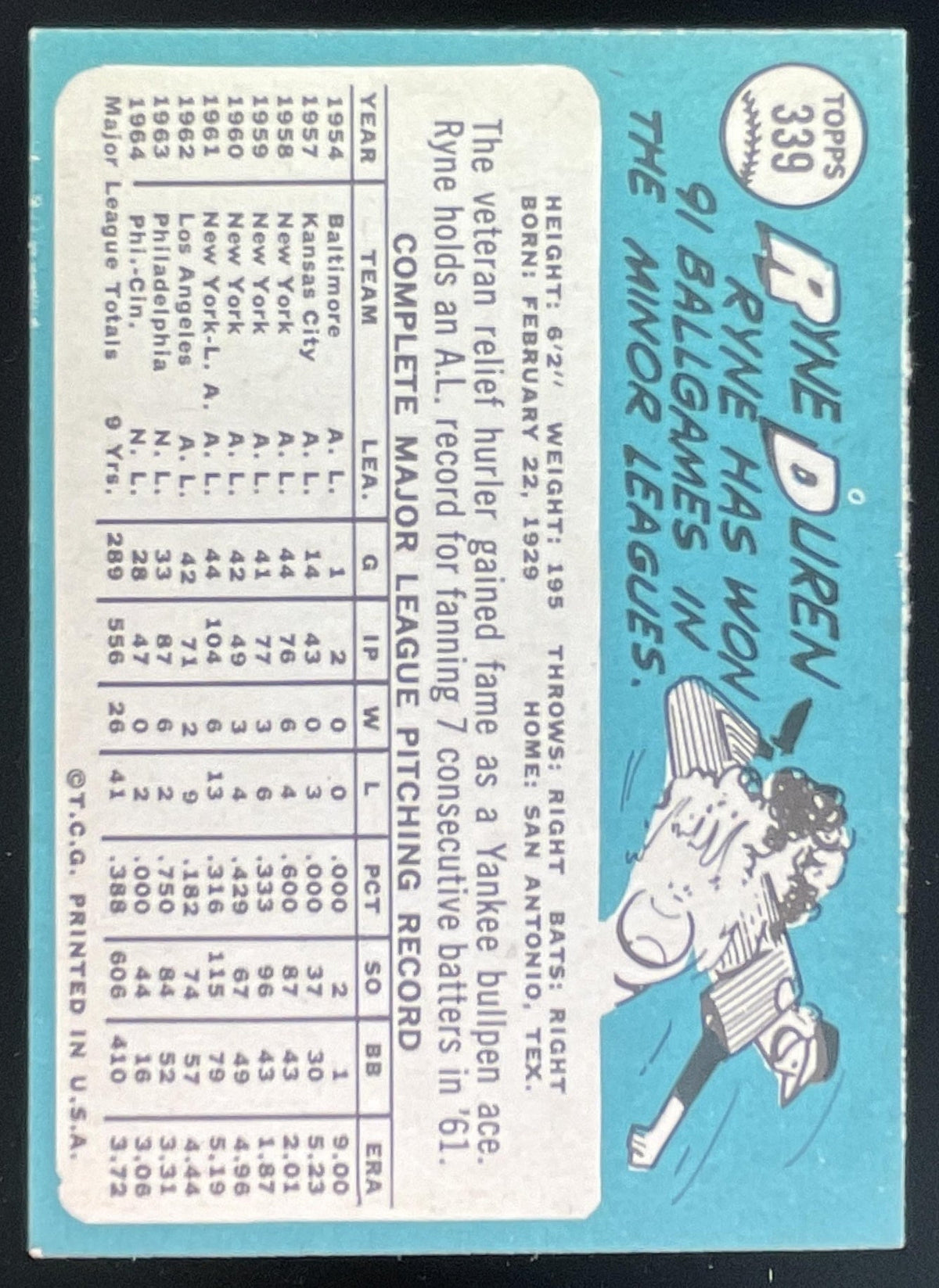 1965 Topps #339 Ryne Duren product image 2, provided for visual reference and product detail review