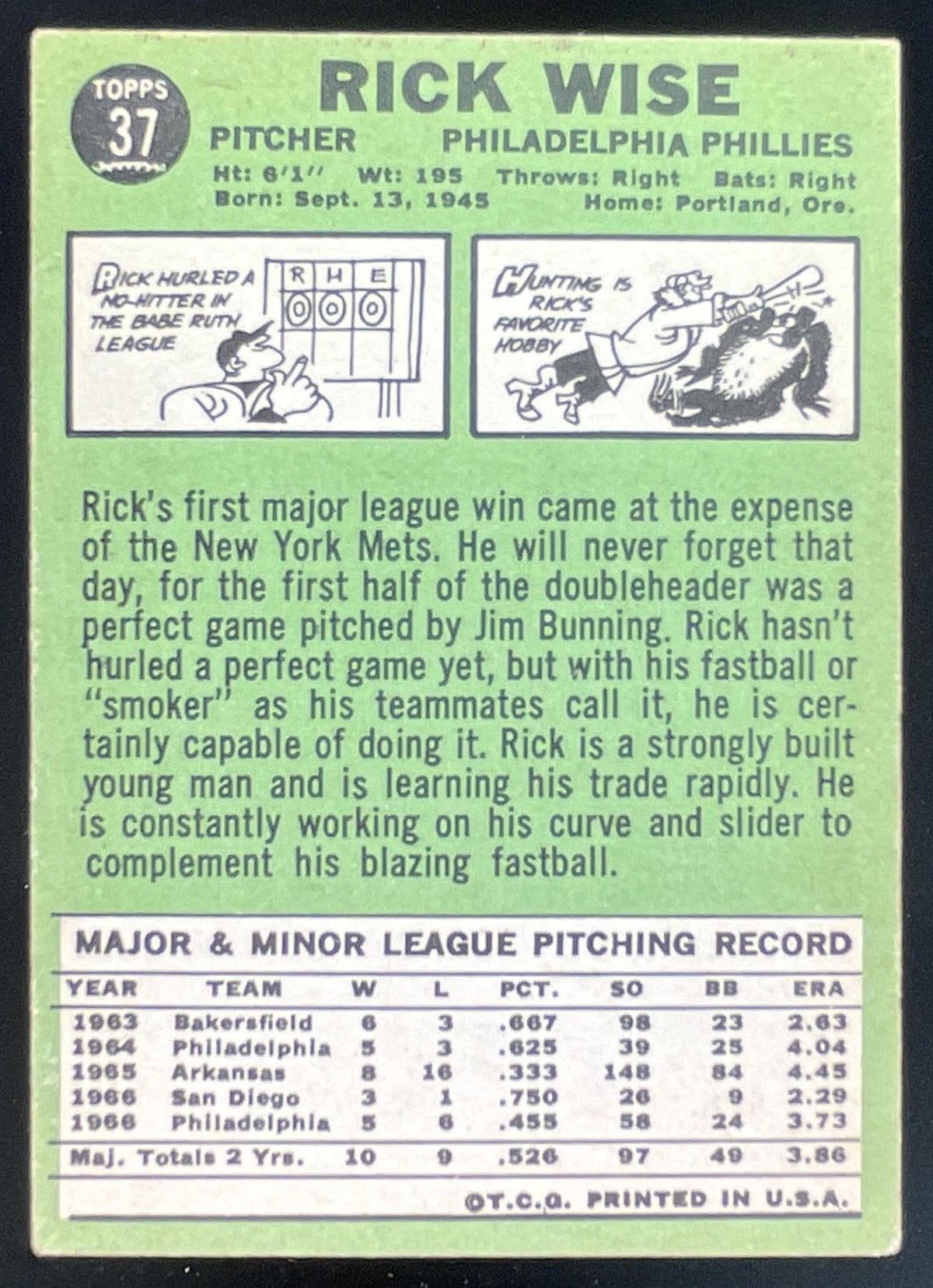 1967 Topps #37 Rick Wise product image 2, provided for visual reference and product detail review