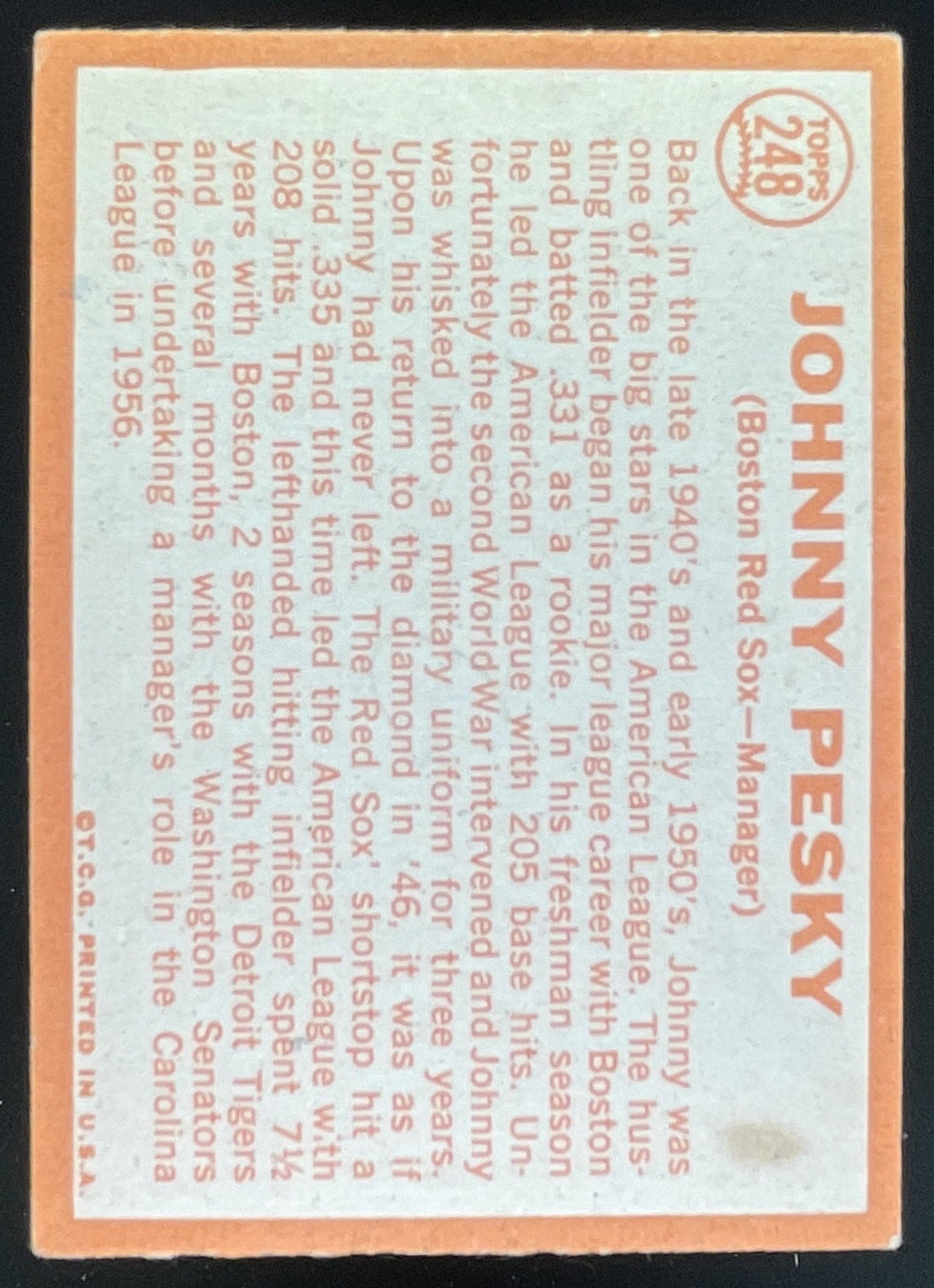 1964 Topps #248 Johnny Pesky product image 2, provided for visual reference and product detail review