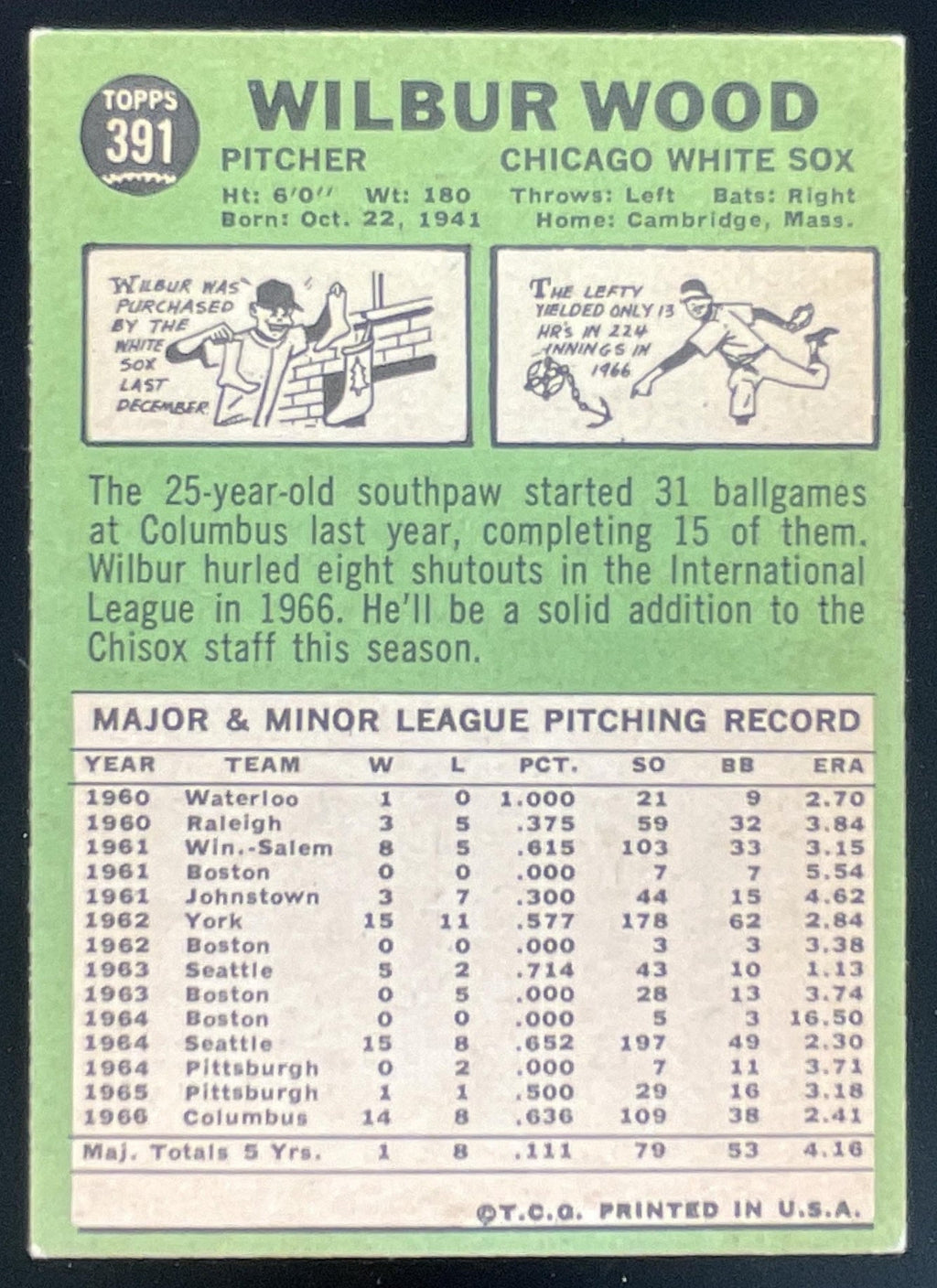 1967 Topps #391 Wilbur Wood product image 2, provided for visual reference and product detail review