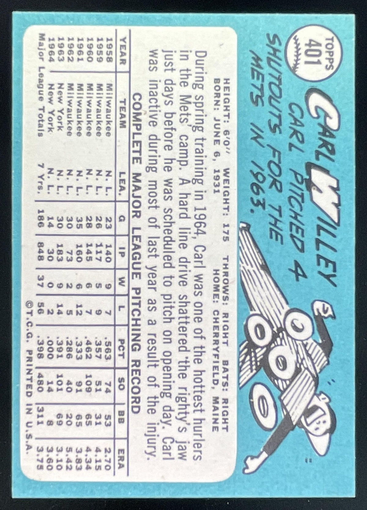 1965 Topps #401 Carl Willey product image 2, provided for visual reference and product detail review
