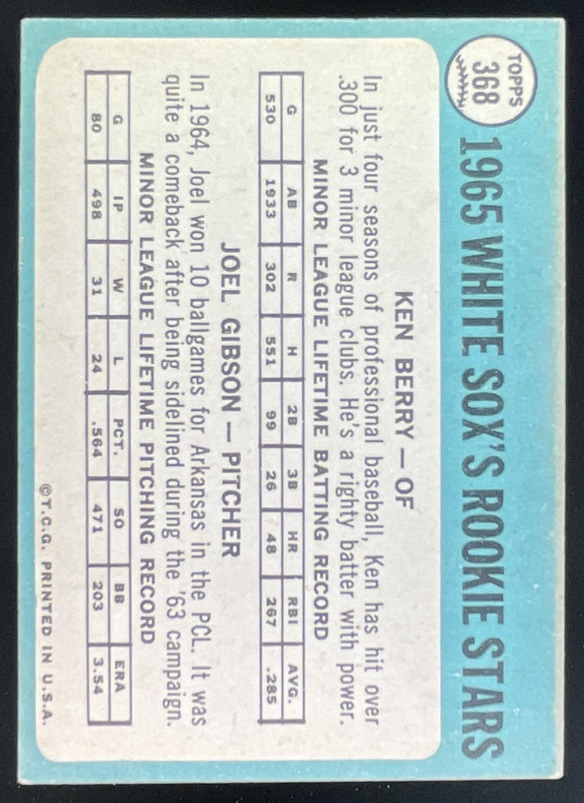 1965 Topps #368 White Sox 1965 Rookie Stars Ken Berry Joel Gibson RS, RC product image 2, provided for visual reference and