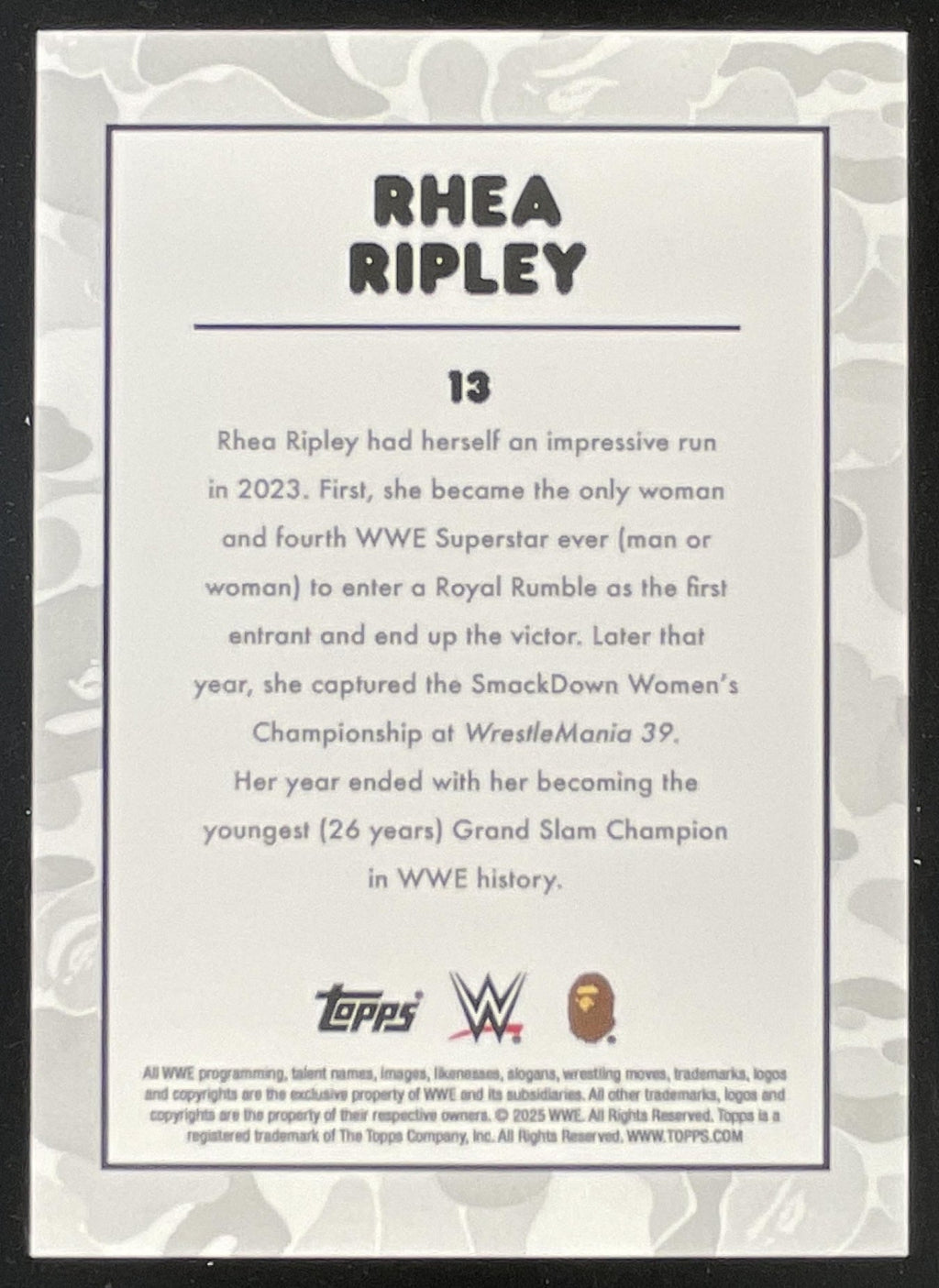 2025 Topps WWE x Bape Red Camo #13 Rhea Ripley /199 product image 2, provided for visual reference and product detail review