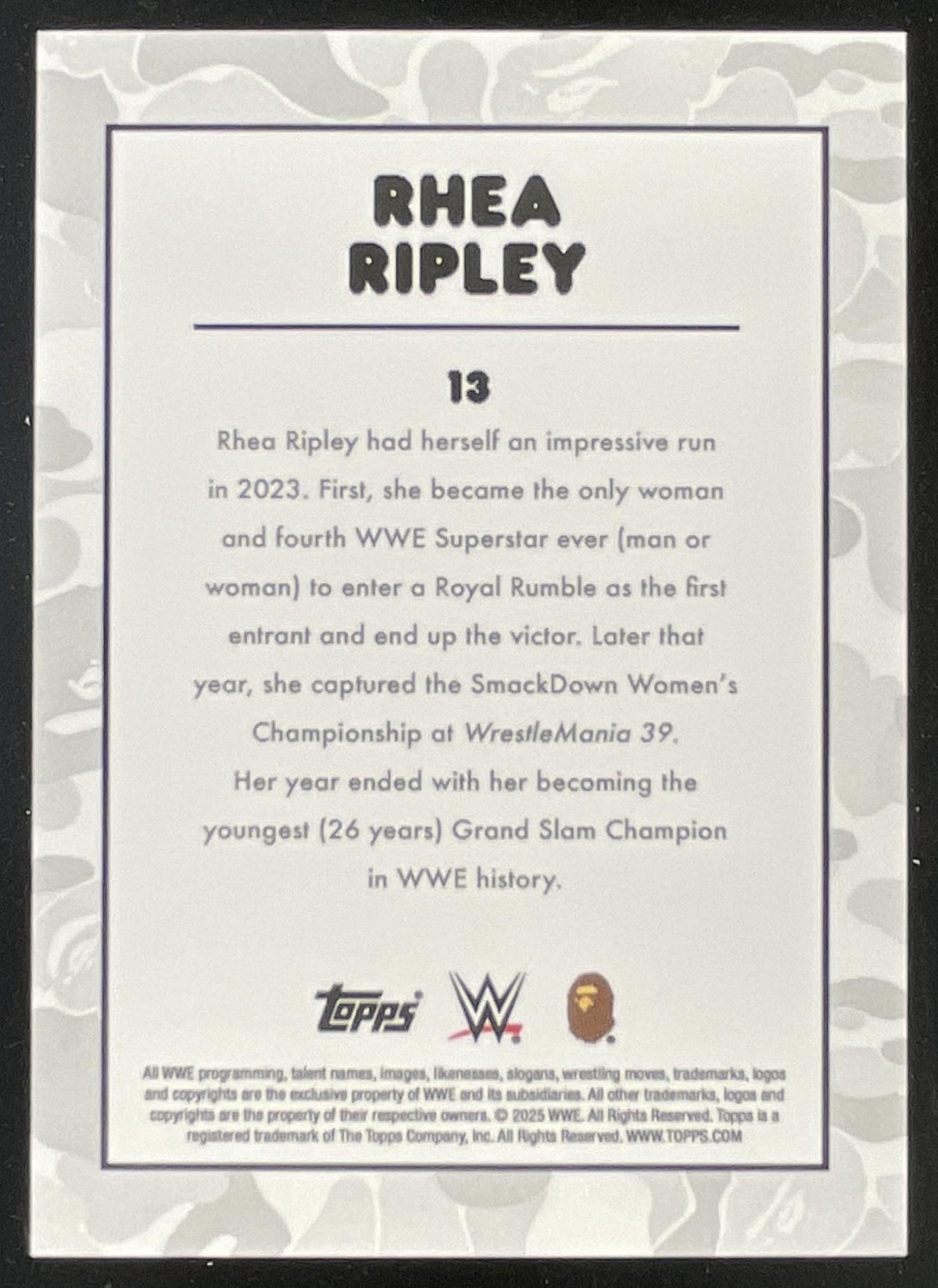 2025 Topps WWE x Bape Red Camo #13 Rhea Ripley /199 product image 2, provided for visual reference and product detail review