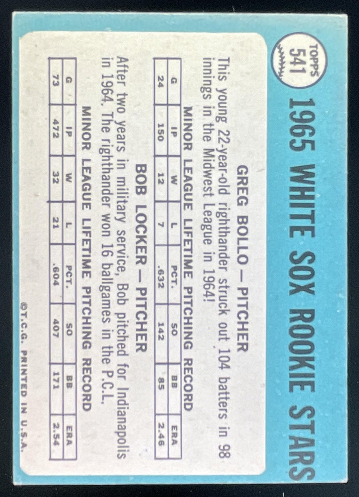 1965 Topps #541 White Sox 1965 Rookie Stars Greg Bollo Bob Locker RS, RC product image 2, provided for visual reference and