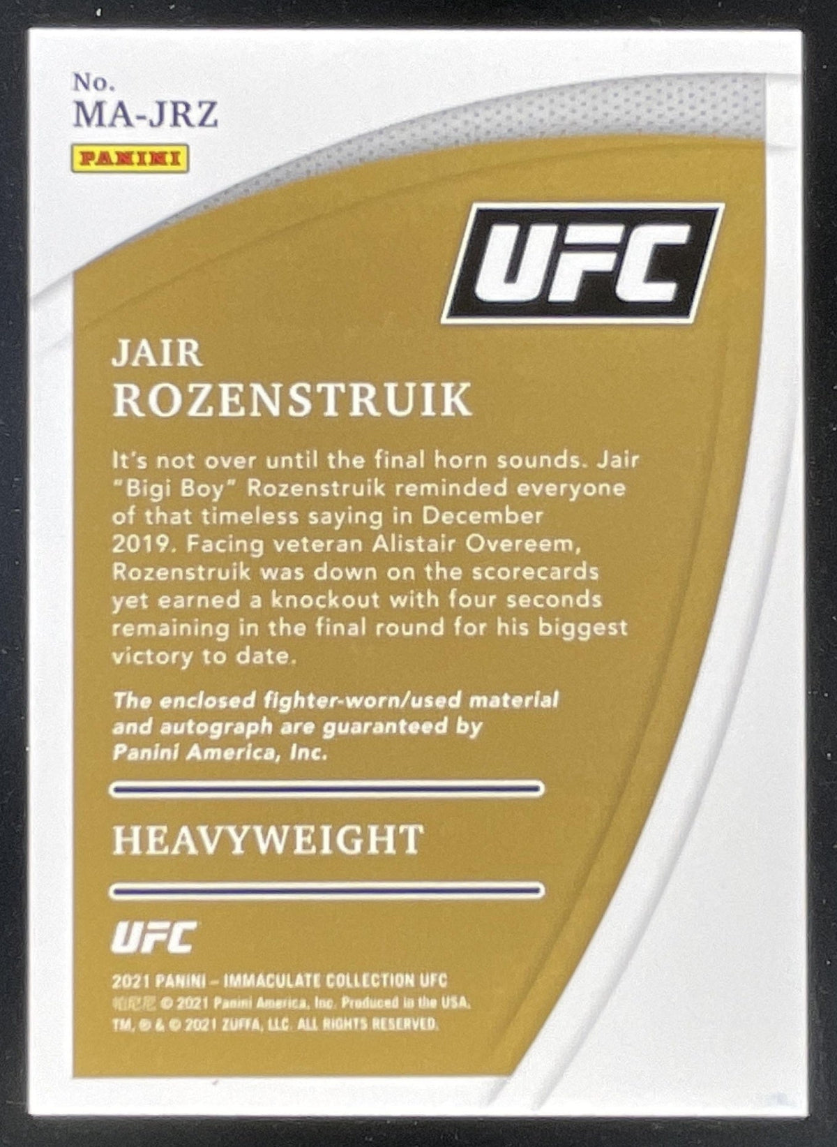 2021 Immaculate Collection UFC Memorabilia #MA-JRZ Jair Rozenstruik Auto /99 product image 2, provided for visual reference