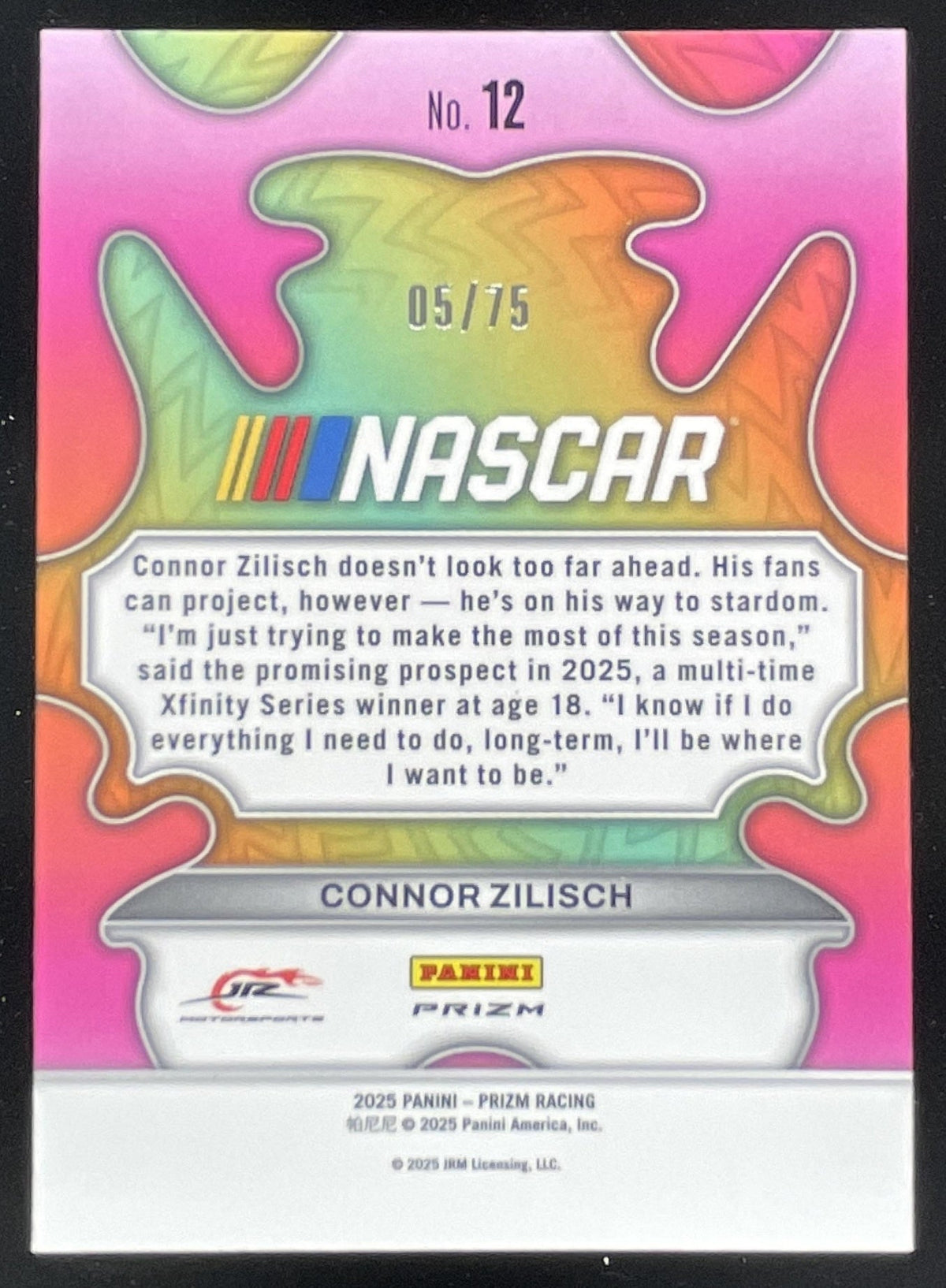 2025 Panini Prizm NASCAR Groovy Blue Pulsar Prizms #12 Connor Zilisch /75 product image 2, provided for visual reference and