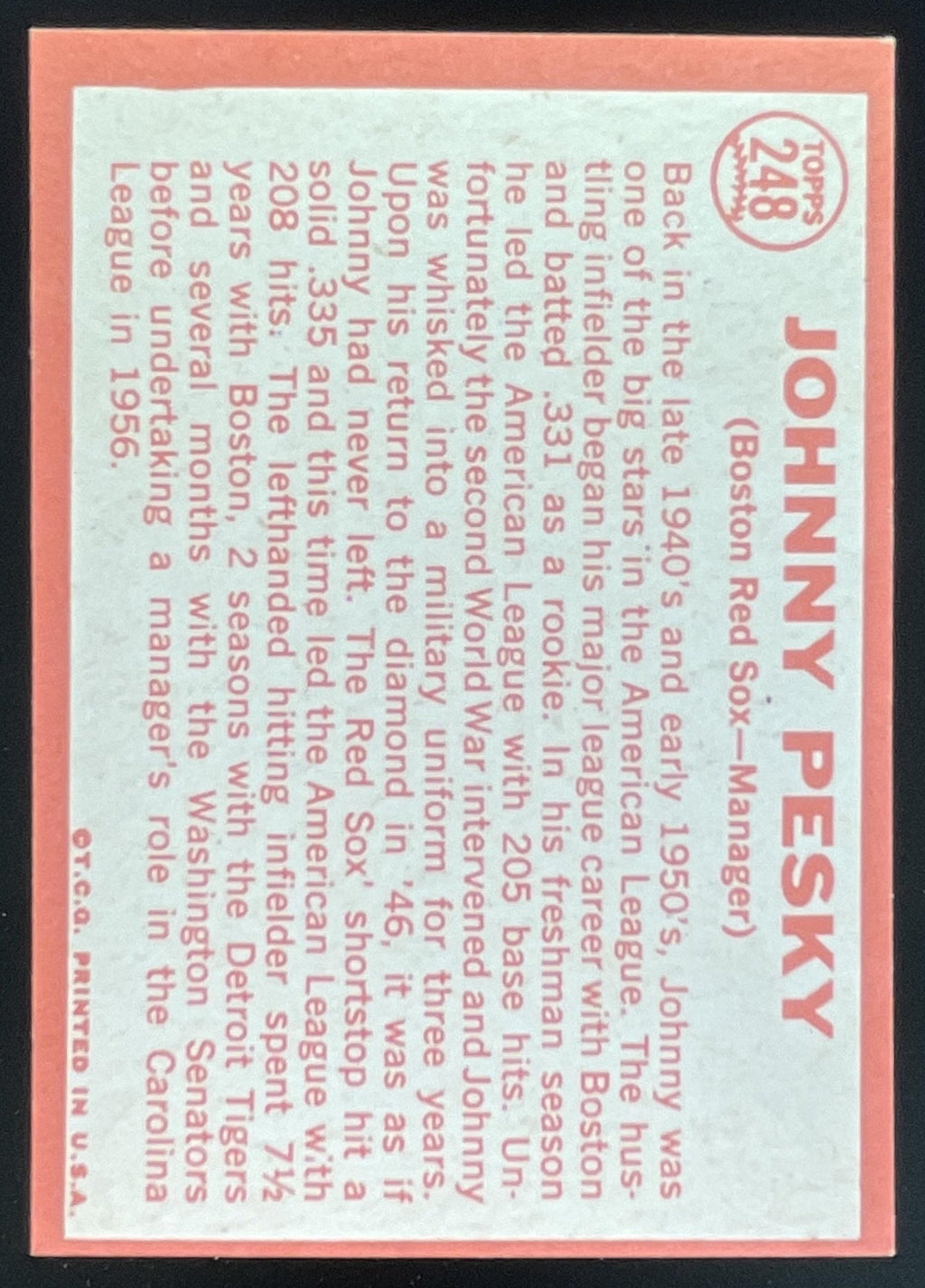 1964 Topps #248 Johnny Pesky product image 2, provided for visual reference and product detail review