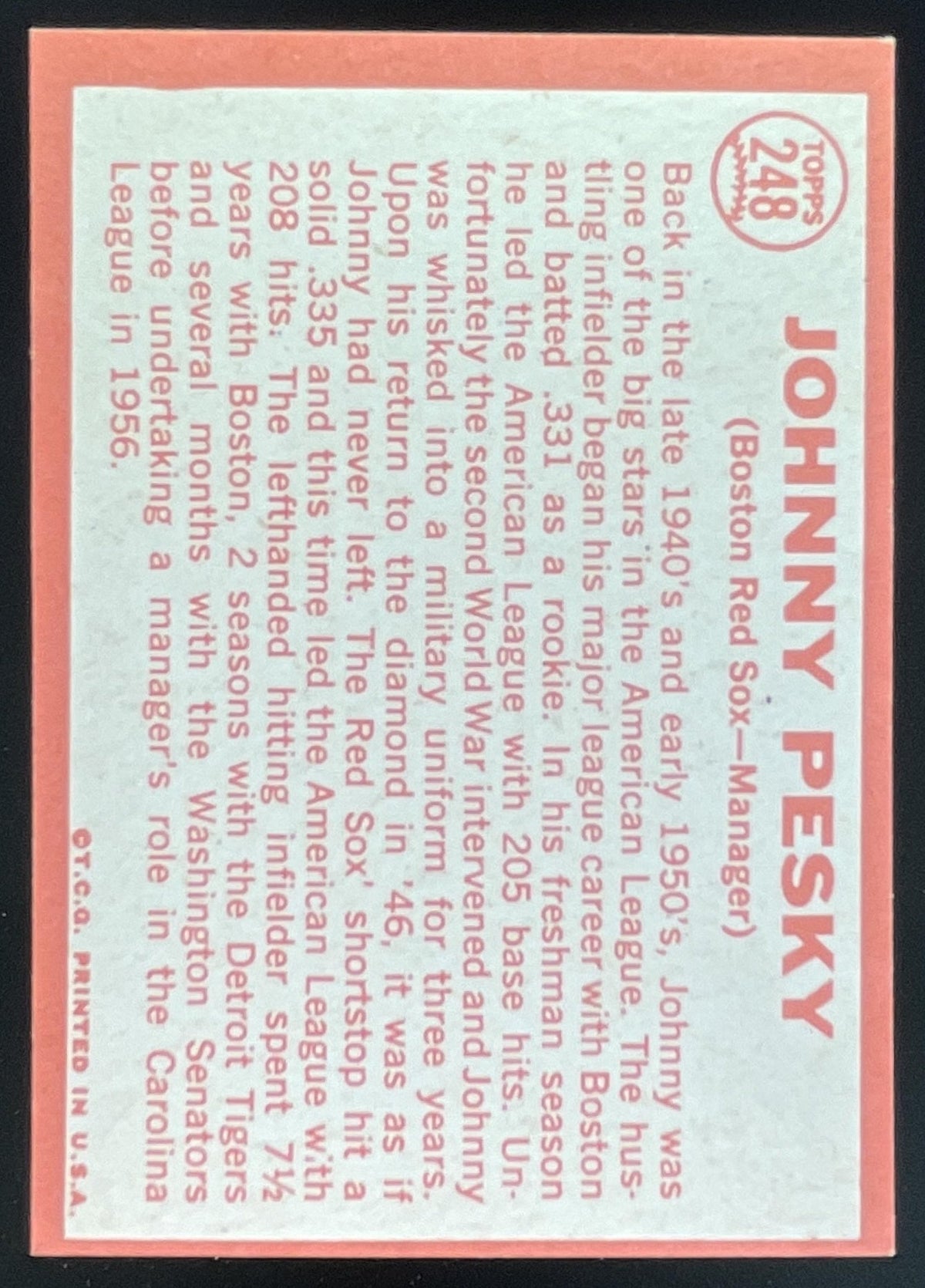 1964 Topps #248 Johnny Pesky product image 2, provided for visual reference and product detail review