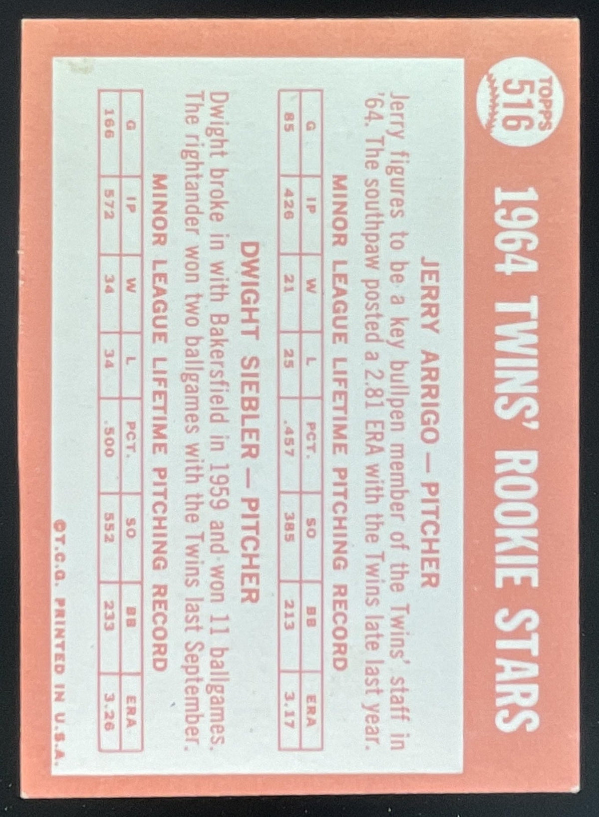 1964 Topps #516 Twins 1964 Rookie Stars Jerry Arrigo Dwight Siebler RC product image 2, provided for visual reference and