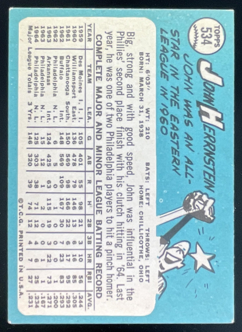 1965 Topps #534 John Herrnstein product image 2, provided for visual reference and product detail review
