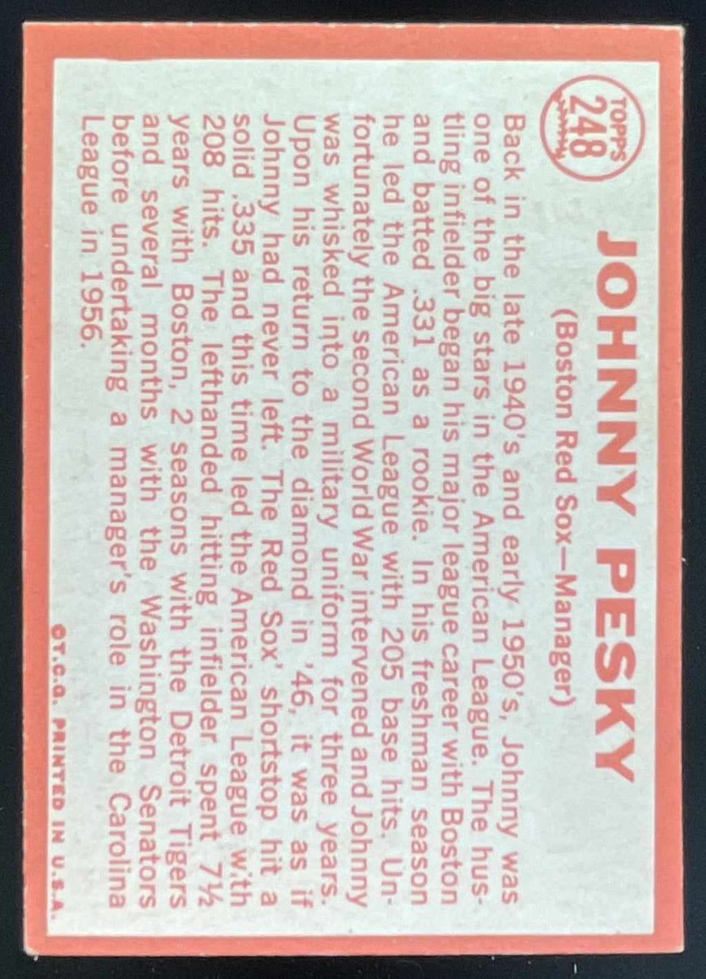 1964 Topps #248 Johnny Pesky product image 2, provided for visual reference and product detail review