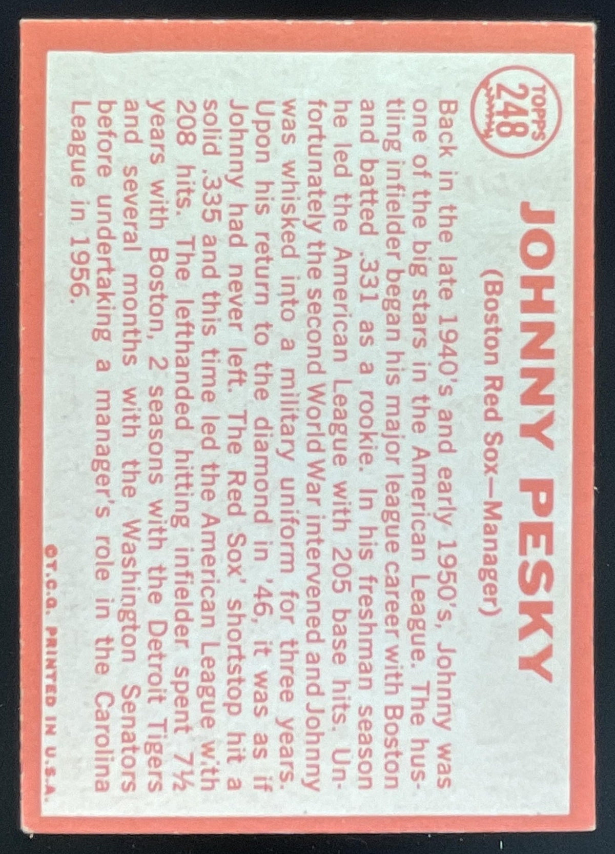 1964 Topps #248 Johnny Pesky product image 2, provided for visual reference and product detail review