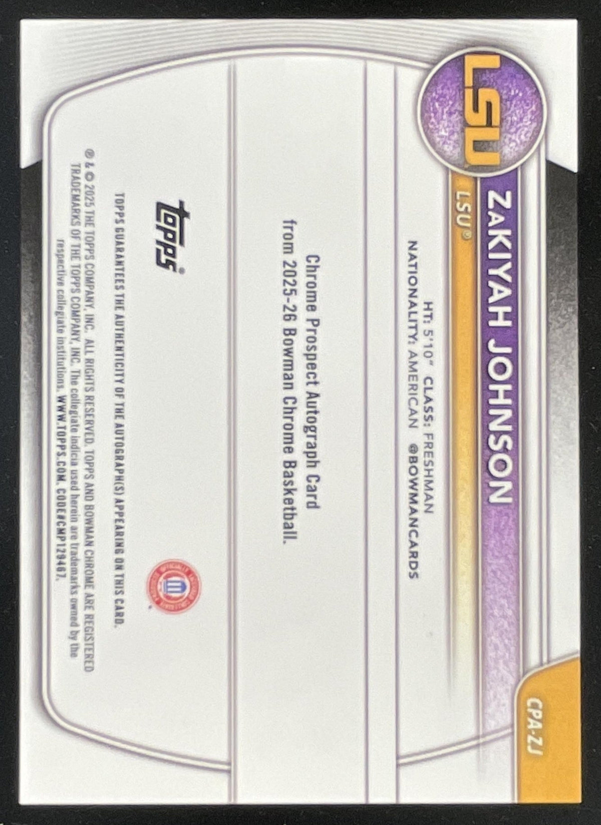 2025-26 Bowman Chrome Prospect Purple #CPA-ZJ ZaKiyah Johnson RC Auto /250 product image 2, provided for visual reference