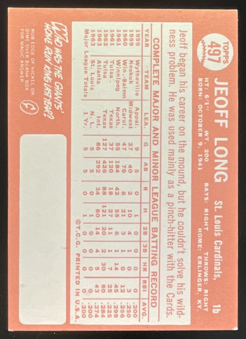 1964 Topps #497 Jeoff Long RC product image 2, provided for visual reference and product detail review