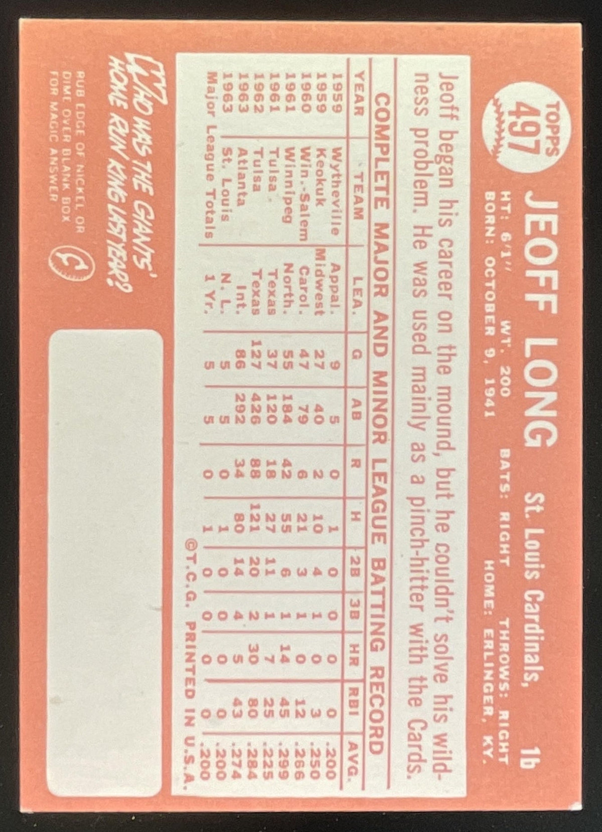 1964 Topps #497 Jeoff Long RC product image 2, provided for visual reference and product detail review