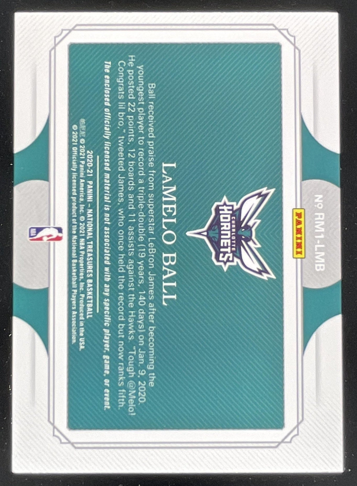 2020-21 National Treasures Rookie Materials #RM1-LMB LaMelo Ball RC /99 product image 2, provided for visual reference and