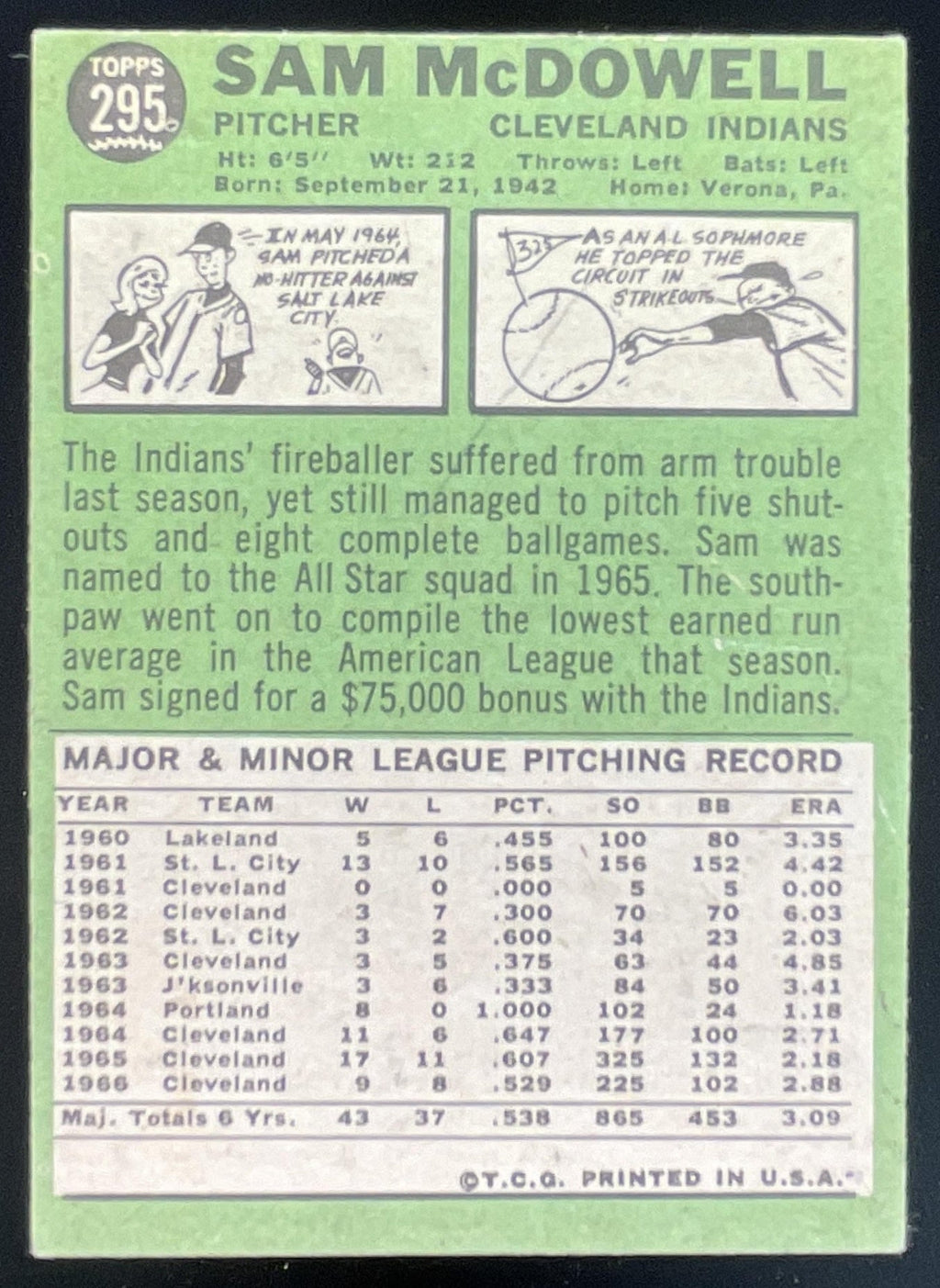1967 Topps #295 Sam McDowell product image 2, provided for visual reference and product detail review