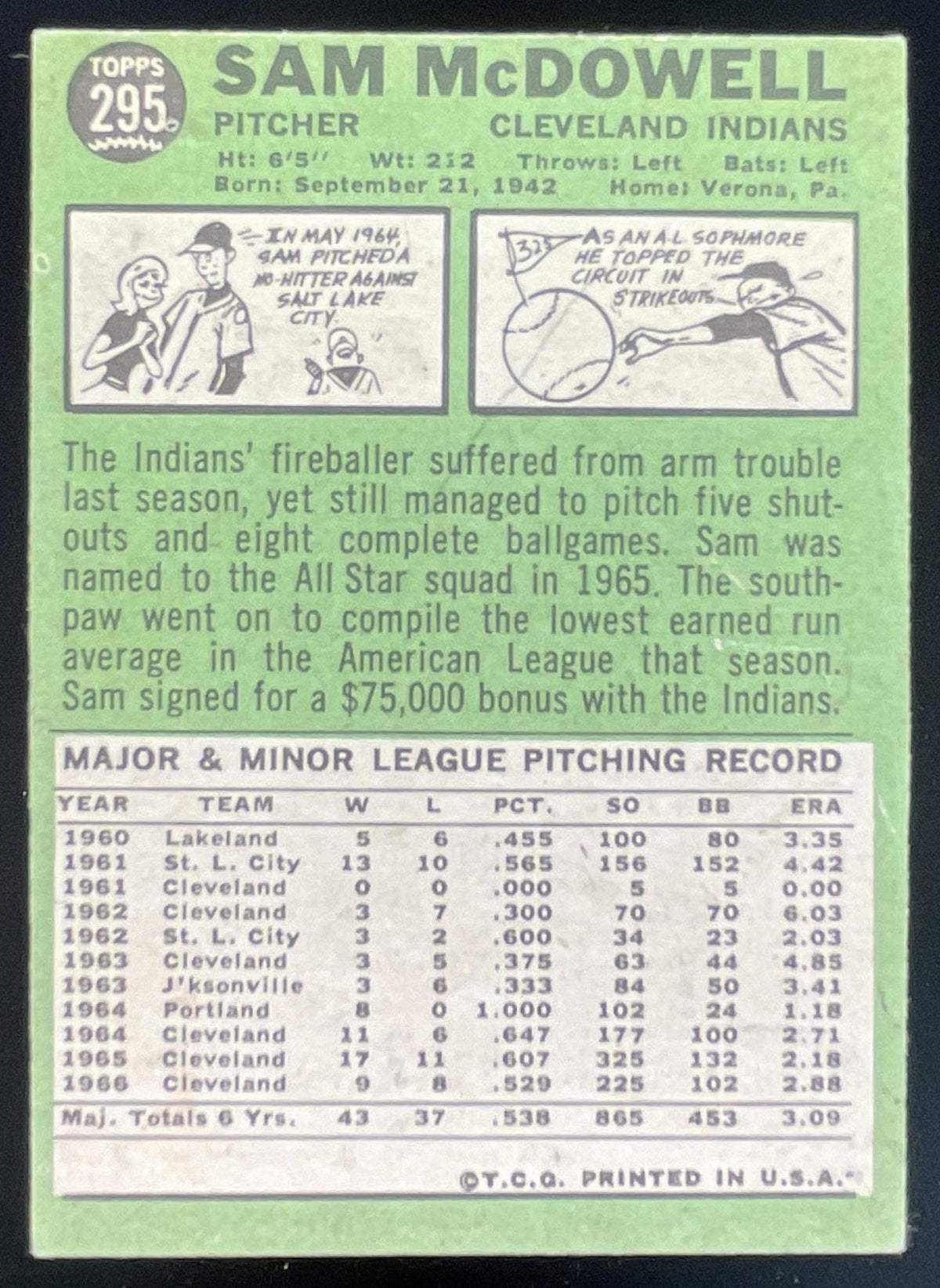 1967 Topps #295 Sam McDowell product image 2, provided for visual reference and product detail review