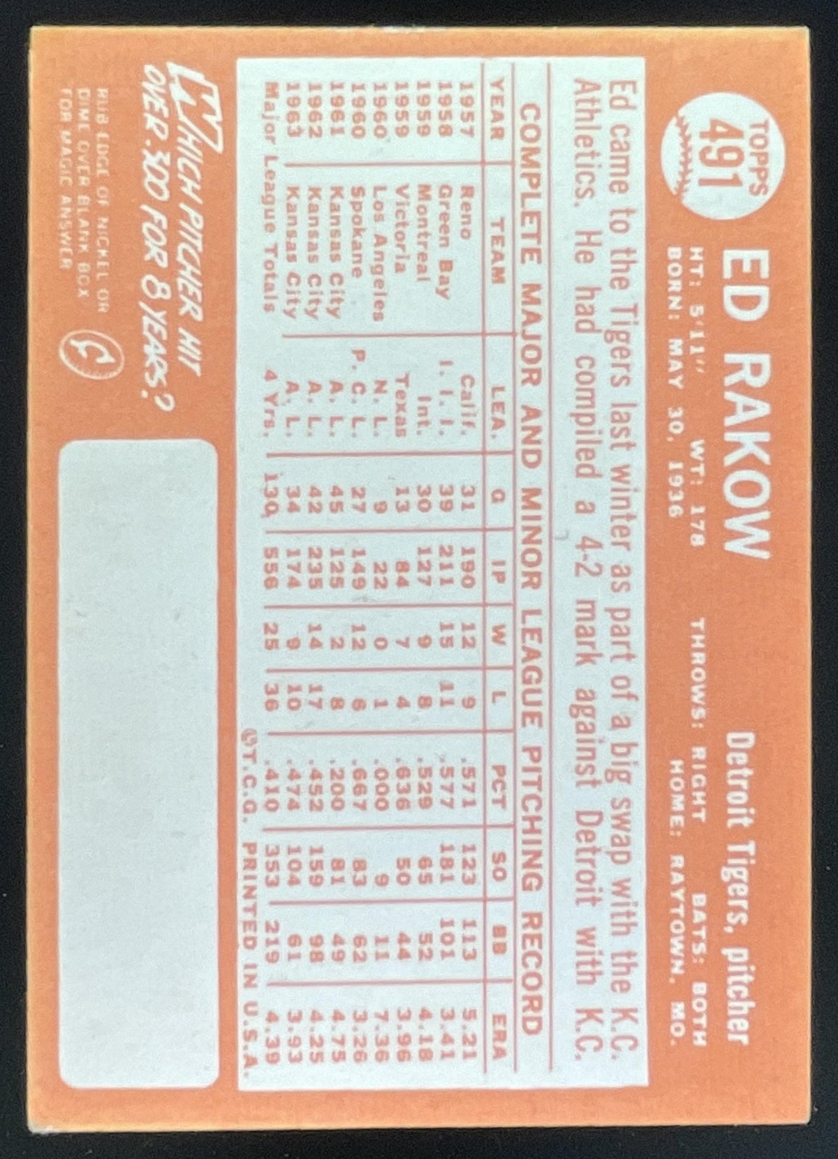 1964 Topps #491 Ed Rakow product image 2, provided for visual reference and product detail review