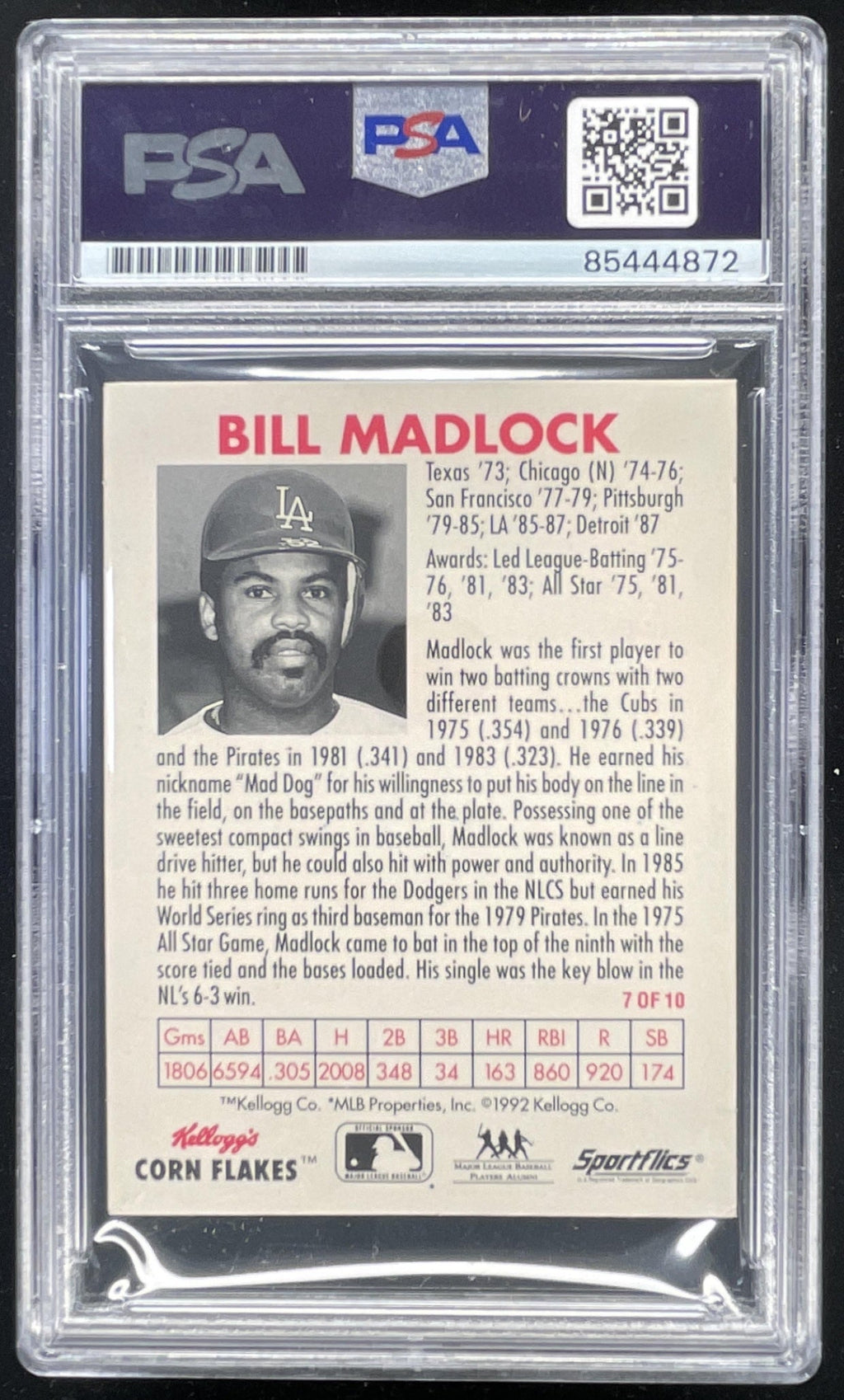 1992 Sportflics Kellogg's Corn Flakes All Stars Bill Madlock Auto PSA Authentic product image 2, provided for visual