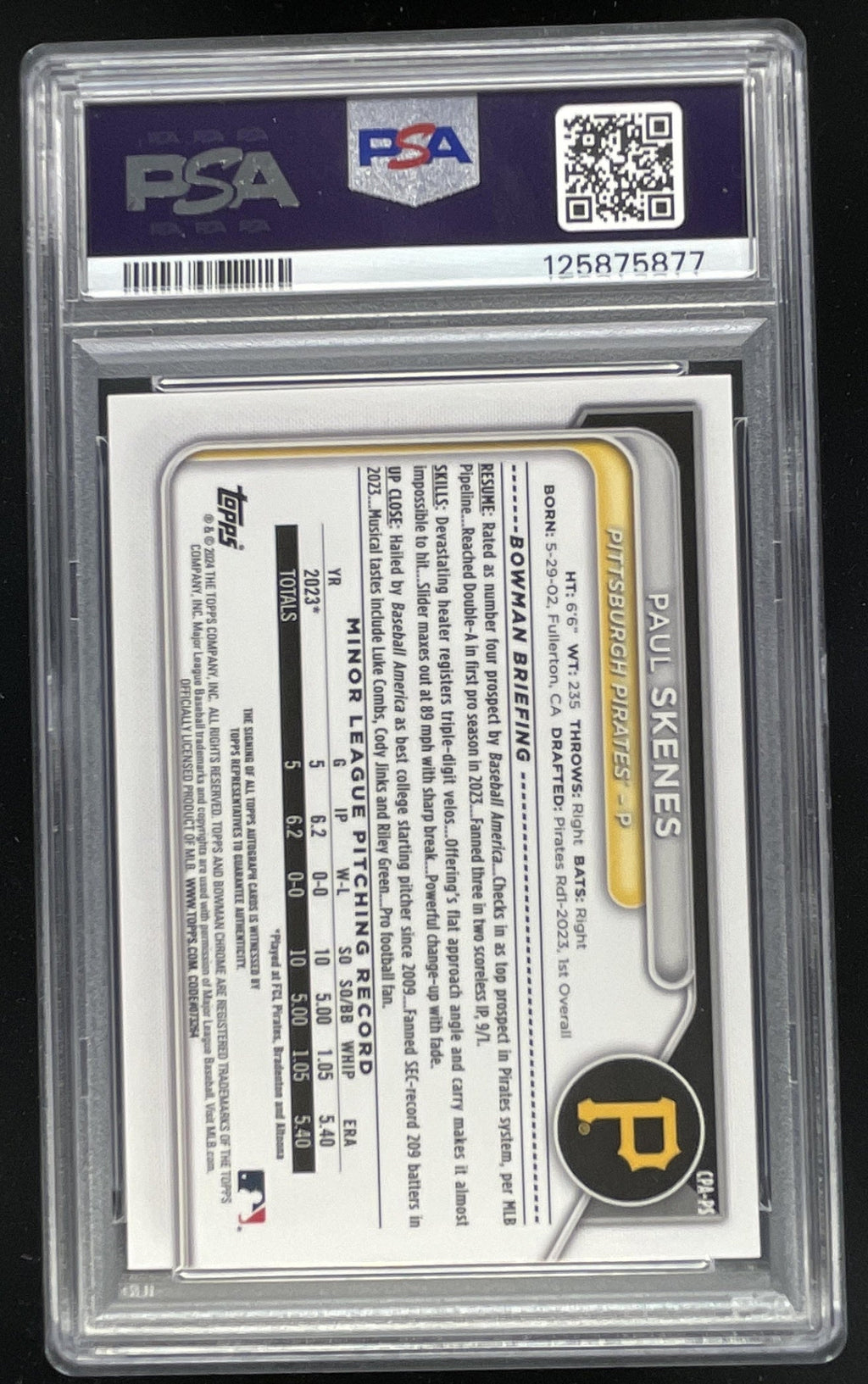 2024 Bowman Chrome Prospect Autographs #CPA-PS Paul Skenes Auto PSA 10 product image 2, provided for visual reference and