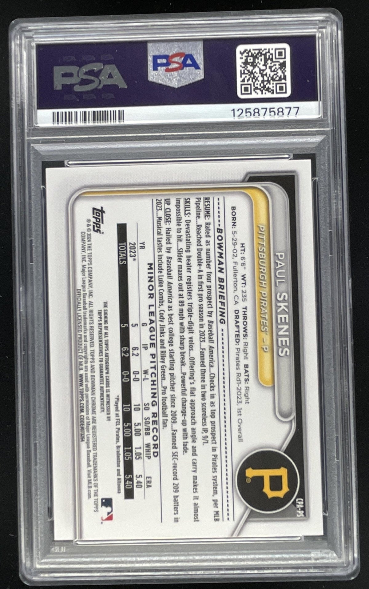 2024 Bowman Chrome Prospect Autographs #CPA-PS Paul Skenes Auto PSA 10 product image 2, provided for visual reference and