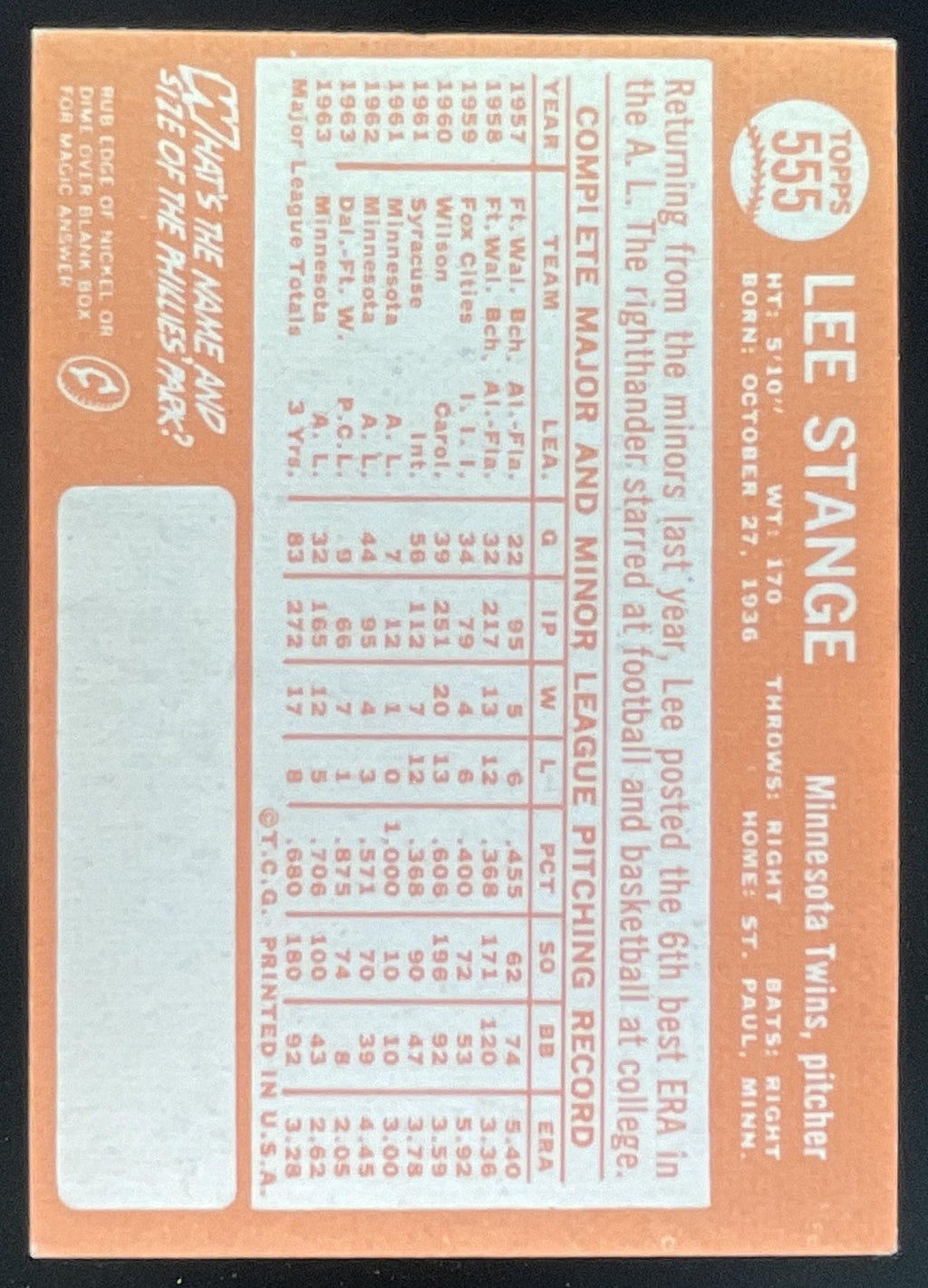 1964 Topps #555 Lee Stange product image 2, provided for visual reference and product detail review