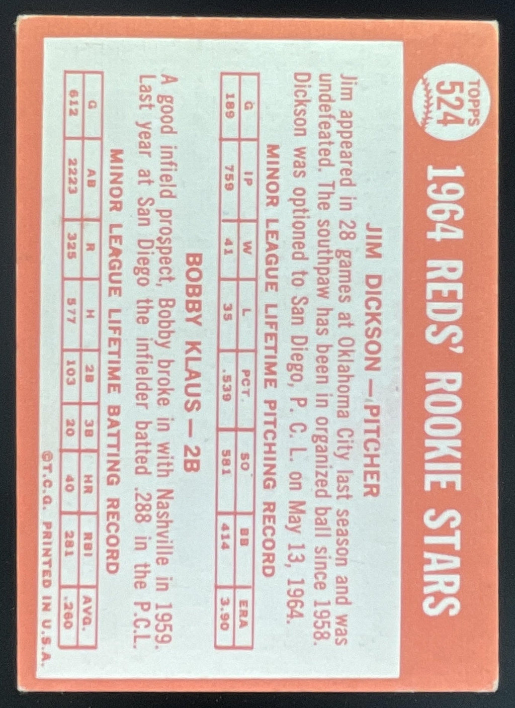 1964 Topps #524 Reds 1964 Rookie Stars Jim Dickson Bobby Klaus RC product image 2, provided for visual reference and product