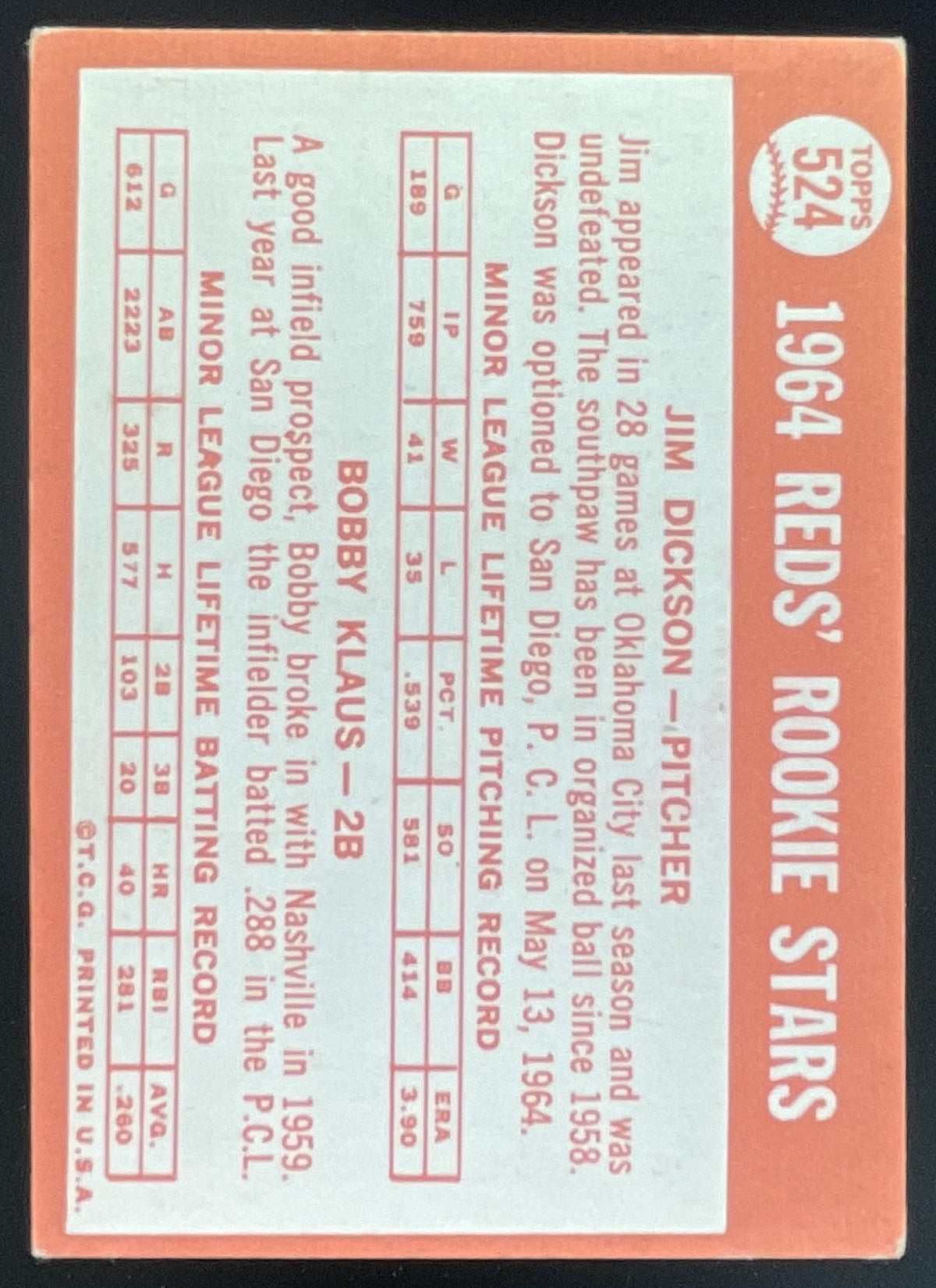 1964 Topps #524 Reds 1964 Rookie Stars Jim Dickson Bobby Klaus RC product image 2, provided for visual reference and product