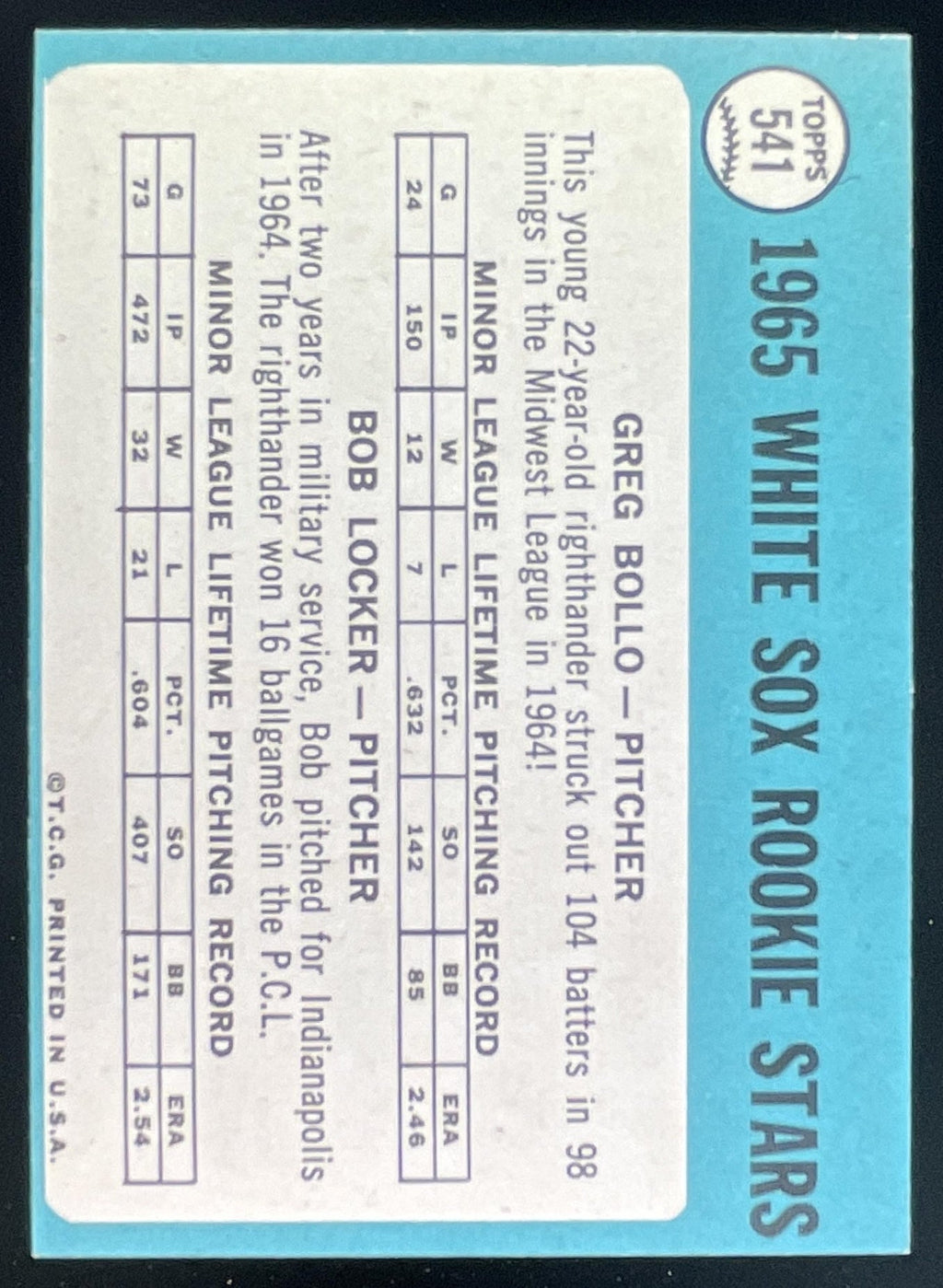 1965 Topps #541 White Sox 1965 Rookie Stars Greg Bollo Bob Locker RS, RC product image 2, provided for visual reference and