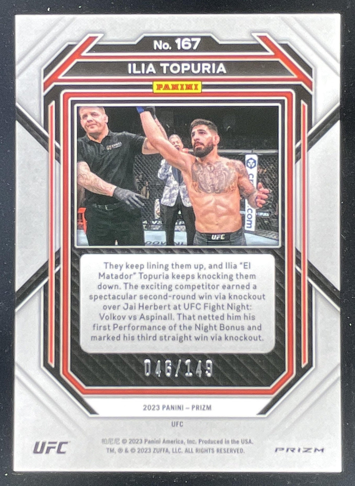 2023 Panini Prizm UFC Purple Prizms #167 Ilia Topuria /149 product image 2, provided for visual reference and product detail