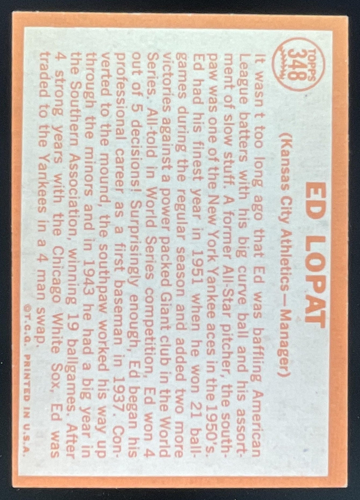 1964 Topps #348 Ed Lopat product image 2, provided for visual reference and product detail review