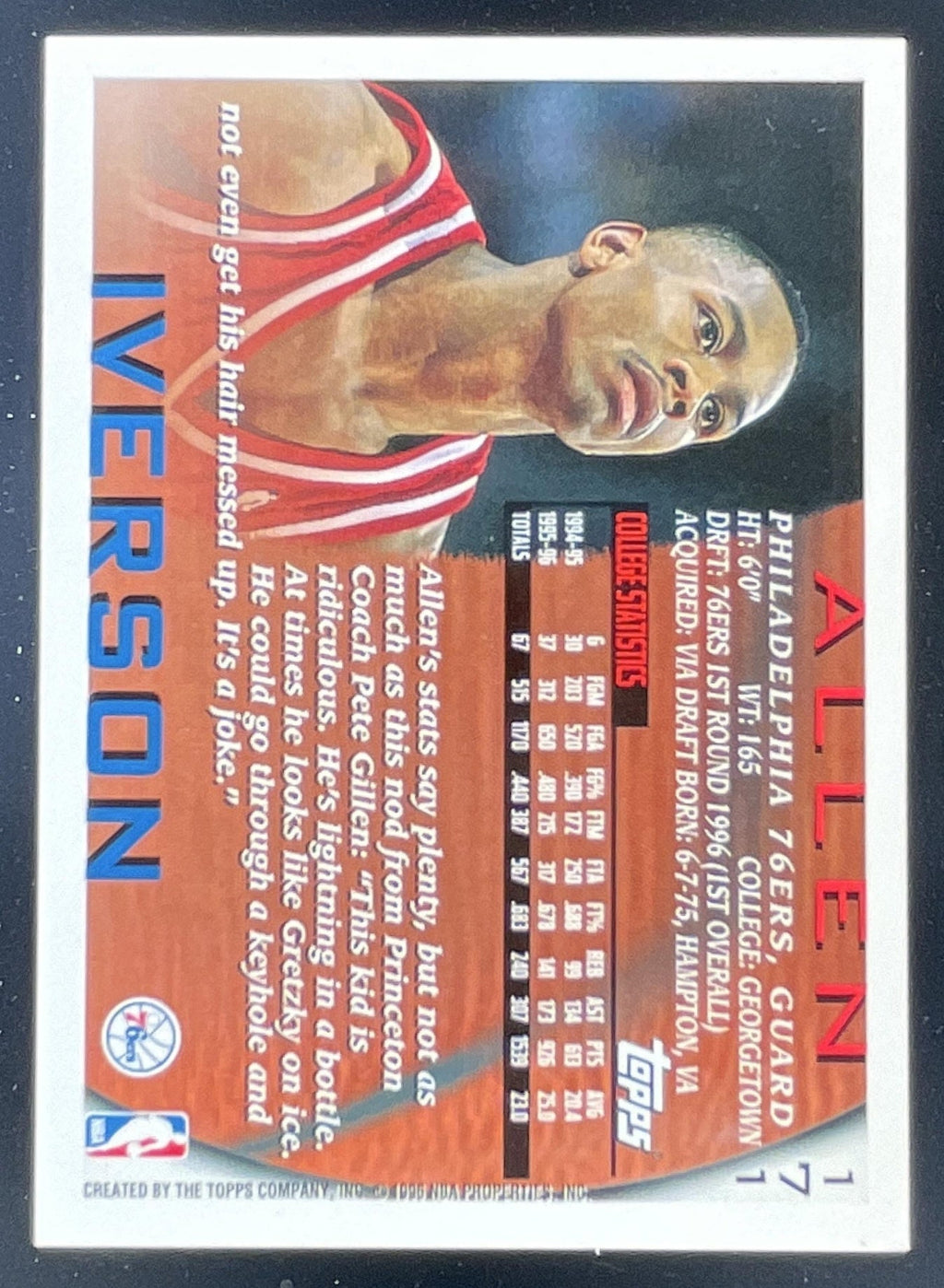 1996-97 Topps #171 Allen Iverson RC product image 2, provided for visual reference and product detail review