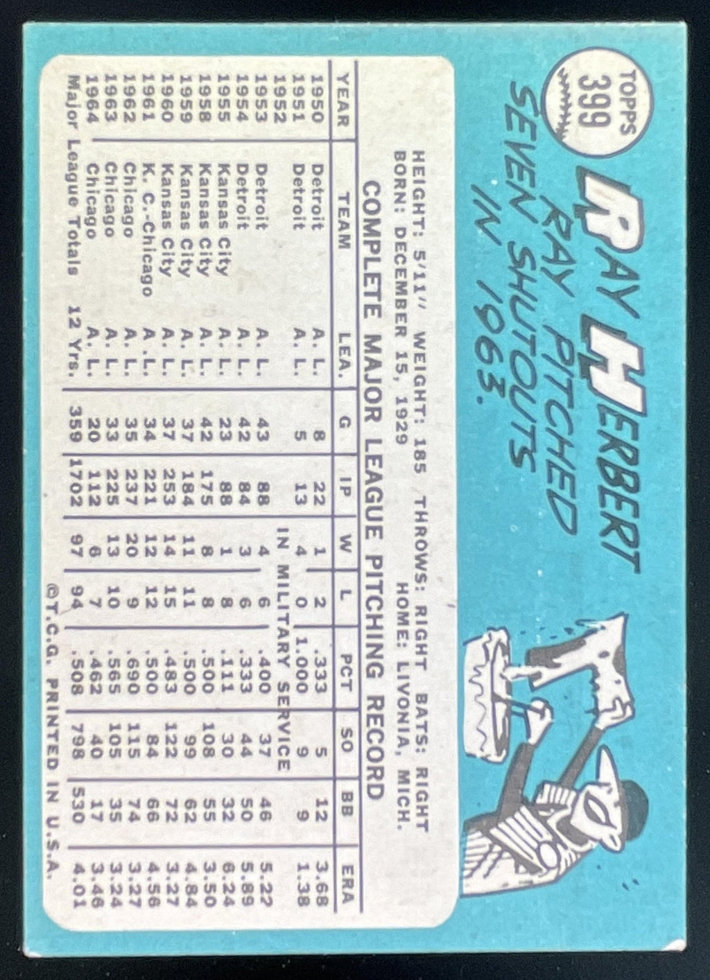 1965 Topps #399 Ray Herbert product image 2, provided for visual reference and product detail review