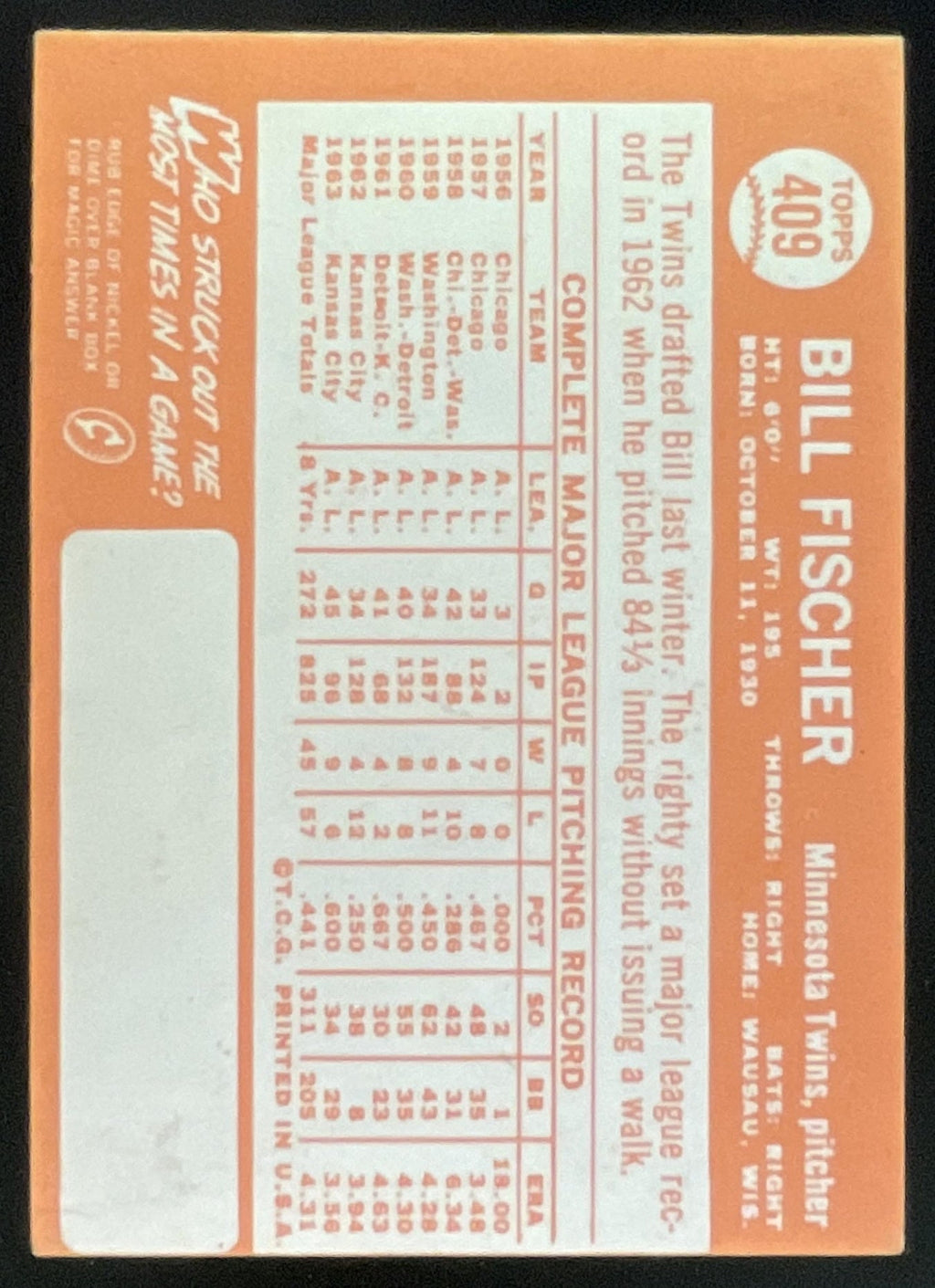 1964 Topps #409 Bill Fischer product image 2, provided for visual reference and product detail review