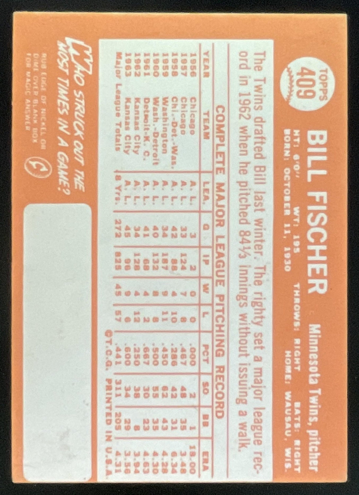 1964 Topps #409 Bill Fischer product image 2, provided for visual reference and product detail review