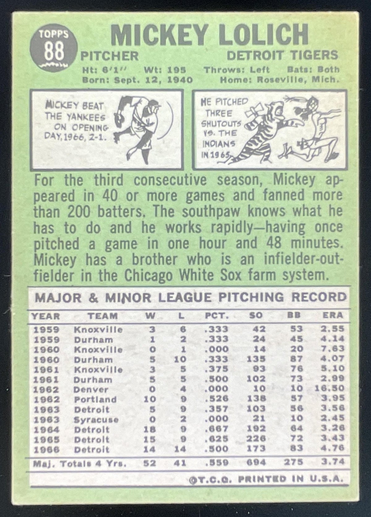 1967 Topps #88 Mickey Lolich product image 2, provided for visual reference and product detail review