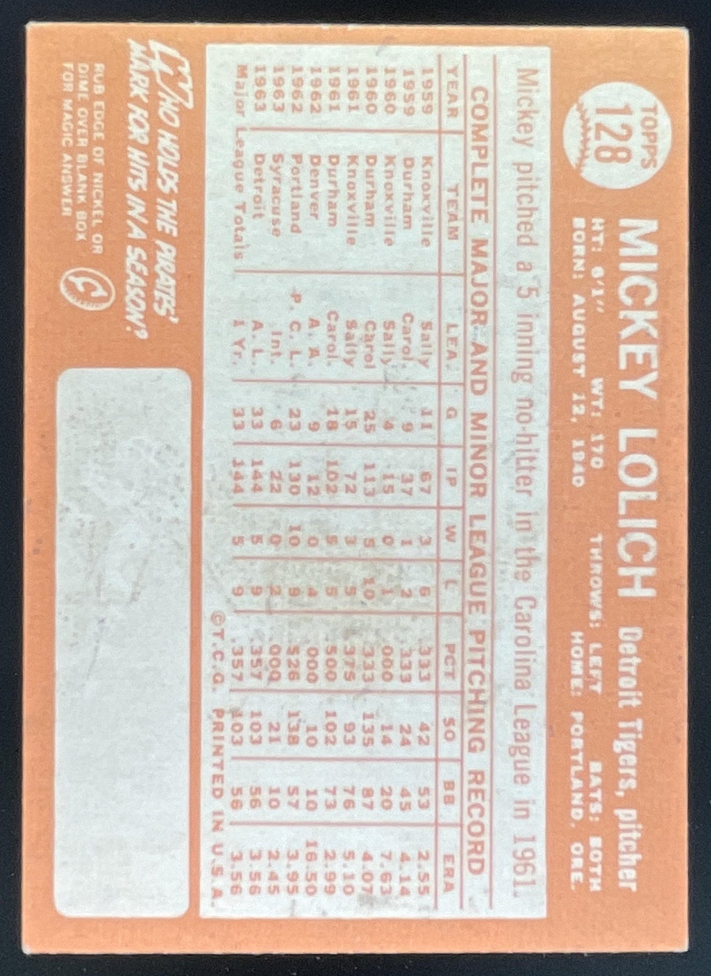 1964 Topps #128 Mickey Lolich RC product image 2, provided for visual reference and product detail review