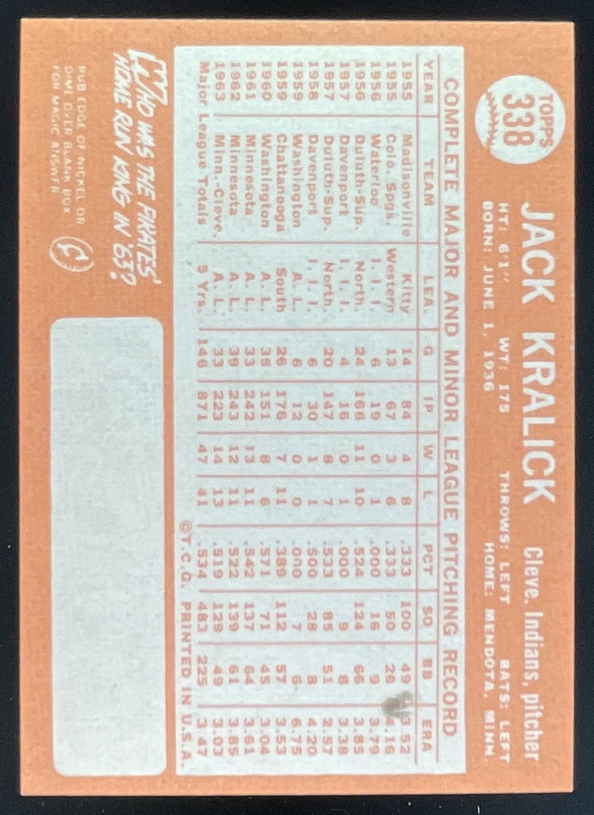 1964 Topps #338 Jack Kralick product image 2, provided for visual reference and product detail review