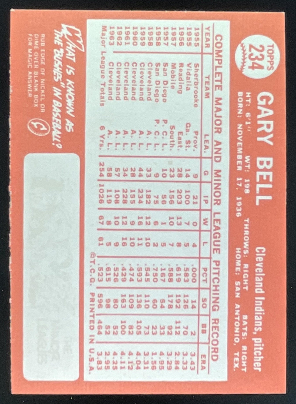 1964 Topps #234 Gary Bell product image 2, provided for visual reference and product detail review